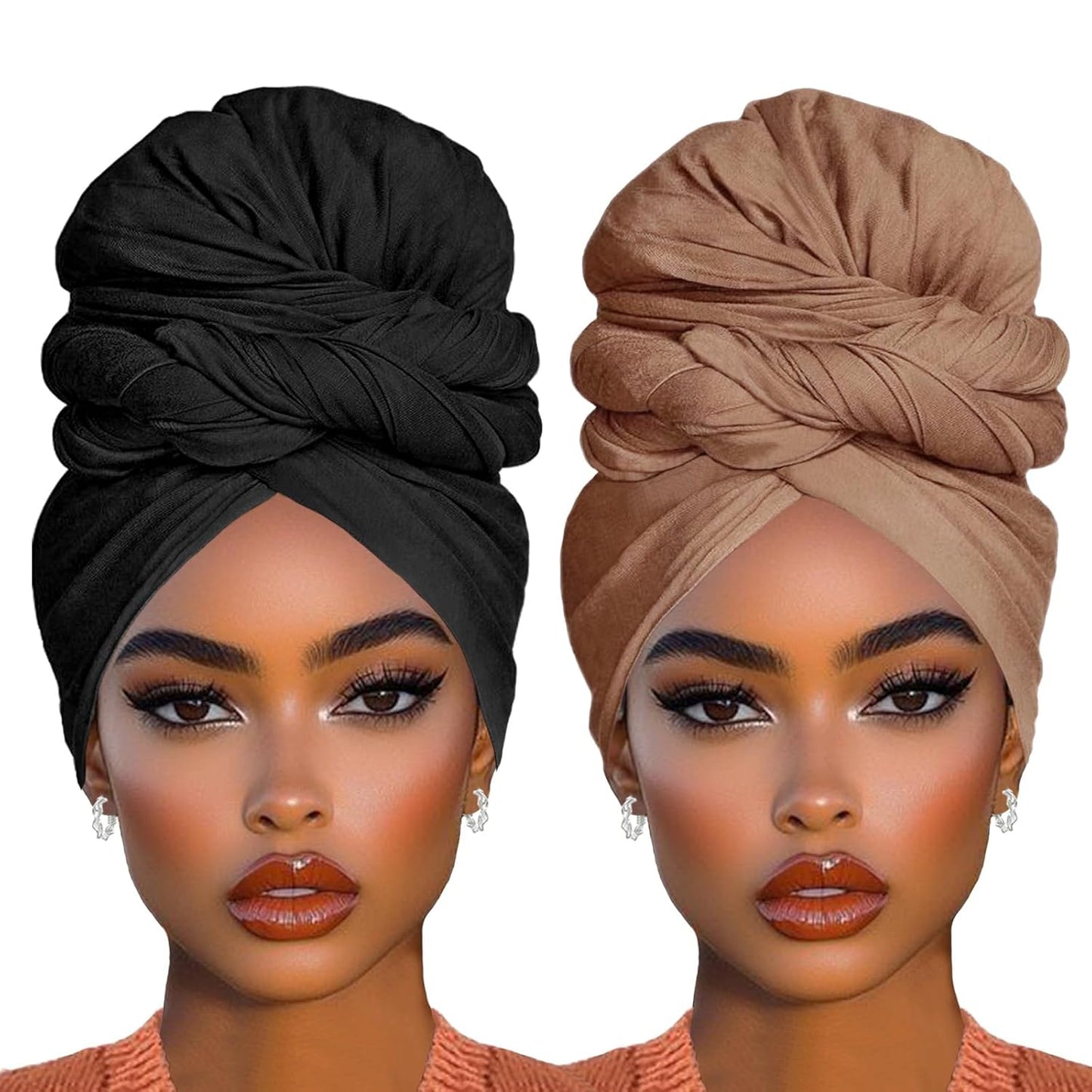 COOKOO 2 Piece Solid Color Stretch Jersey Head Wrap Long Scarf Long African Hair Wraps Stretch Hijab Extra Fashion Head Scarf Soft Head Wraps for Women(Black+Camel)