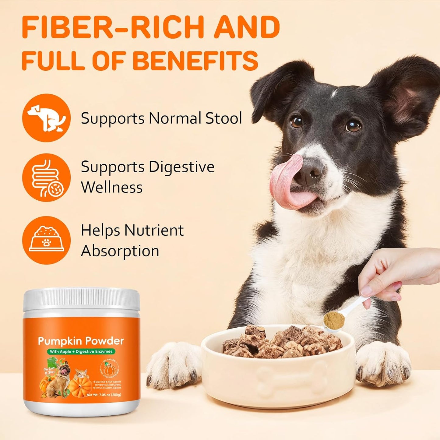 Organic Pumpkin Powder for Dogs & Cats, High Fiber Digestive Support with Enzymes & Apple, Helps Firm Stool, Relieve Constipation & Diarrhea, Easy Mix Pumpkin Puree Topper, 7.05 oz (200 g)