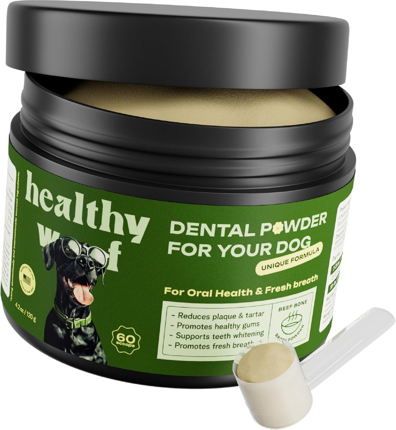 Dental Powder for Dogs - Complete Oral Care Bone Broth, Dog Teeth Cleaning Powder, Tartar Remover, Fresh Breath, Sensitive Stomach Support, Dental Care, 4.2 oz, 60 Scoops