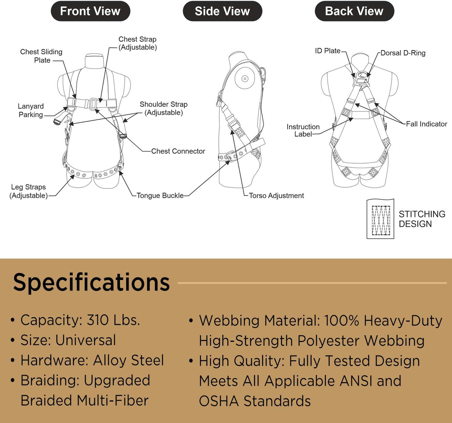 AFP Universal Full-Body Safety Harness w/Dorsal D-Ring Tongue Buckle Legs High-Viz Green, Shock Absorbing Lanyard (OSHA/ANSI)