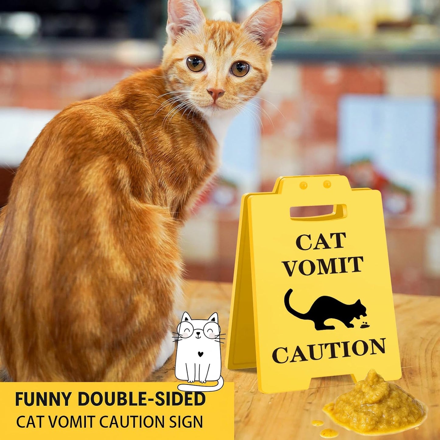 Funny Cat Vomit Caution Sign, Humorous Desk Sign for Cat Lovers, Perfect Cat Mom or Cat Dad Christmas Gag Gifts for Pet Owners, Best Friends, Cat Enthusiasts, Cat Themed Home Office Decor