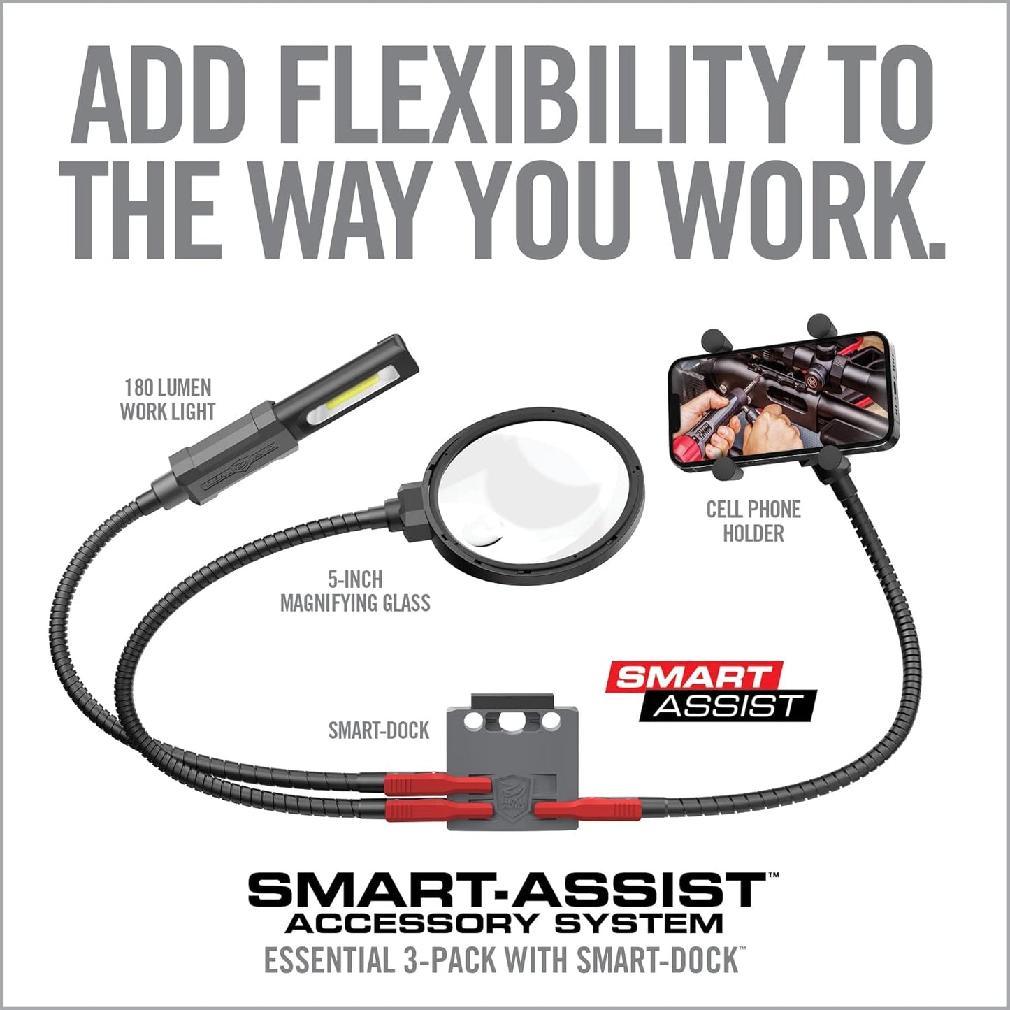 Real Avid Smart‑Assist Accessory System – Quick‑Connect Hands‑Free Workbench Kit with Rechargeable 180‑Lumen Work Light, 5" Magnifier & Cell Phone Holder for DIY Projects