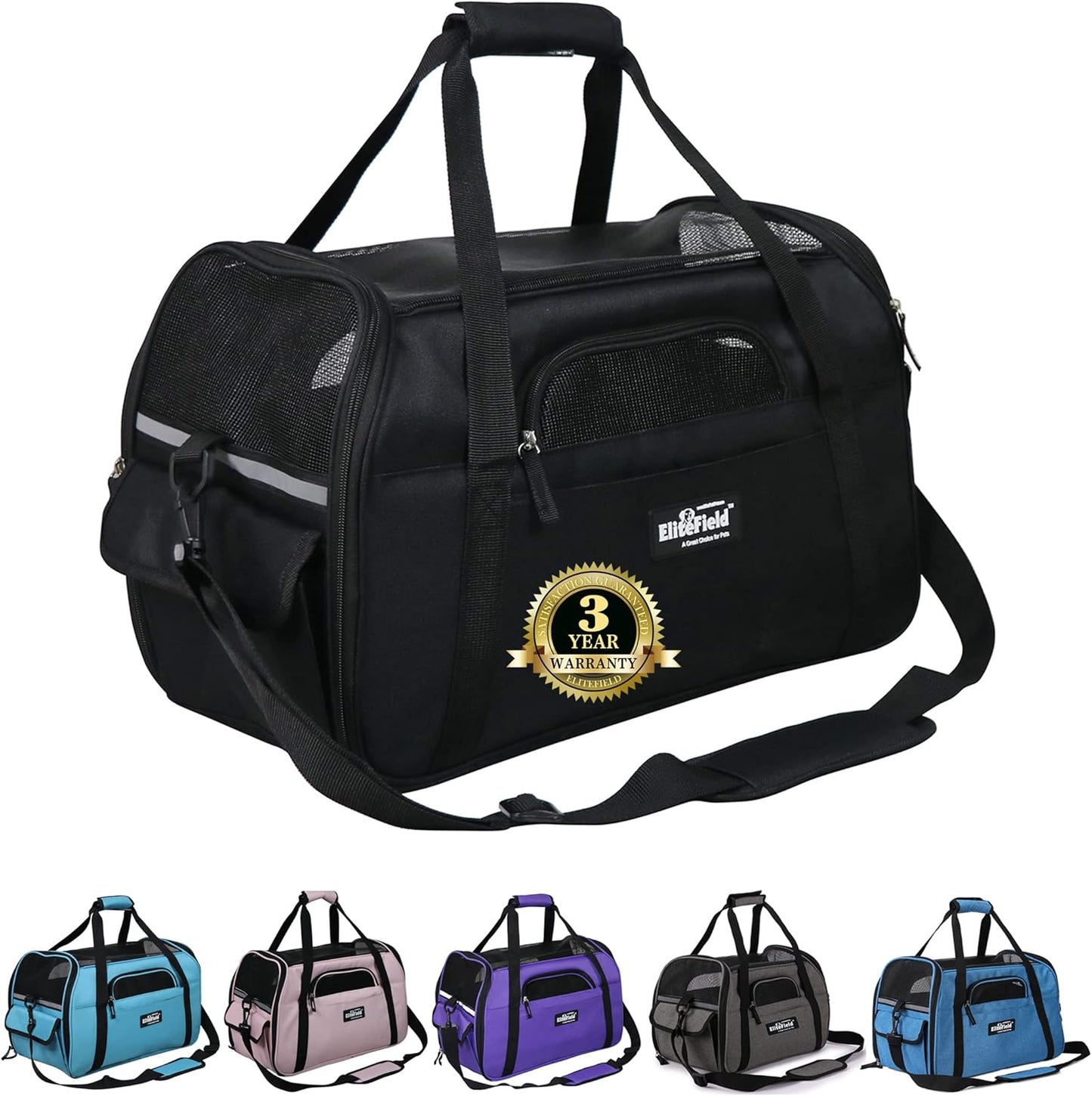EliteField Soft Pet Carrier (3 Year Warranty, Airline Approved) Soft Sided Dog Puppy Cat Carrier Travel Bag (X-Large: 21" L x 12" W x 13" H, Black)