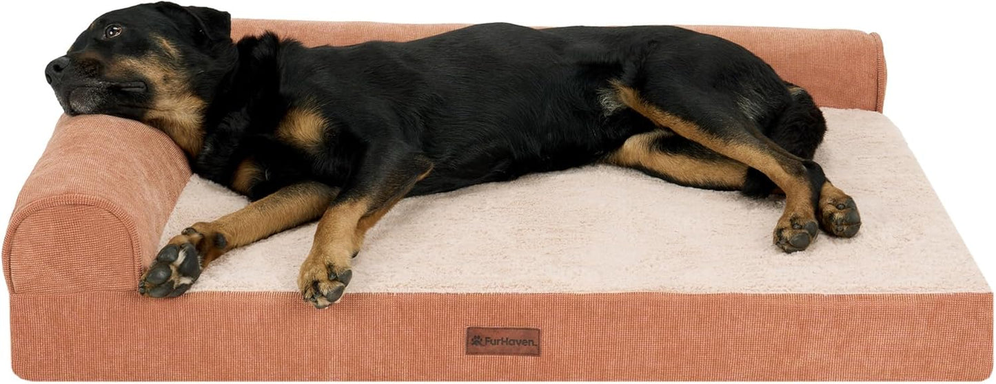 FurHaven Plush & Grid Cord Deluxe L-Chaise Pet Bed, Olive, Jumbo