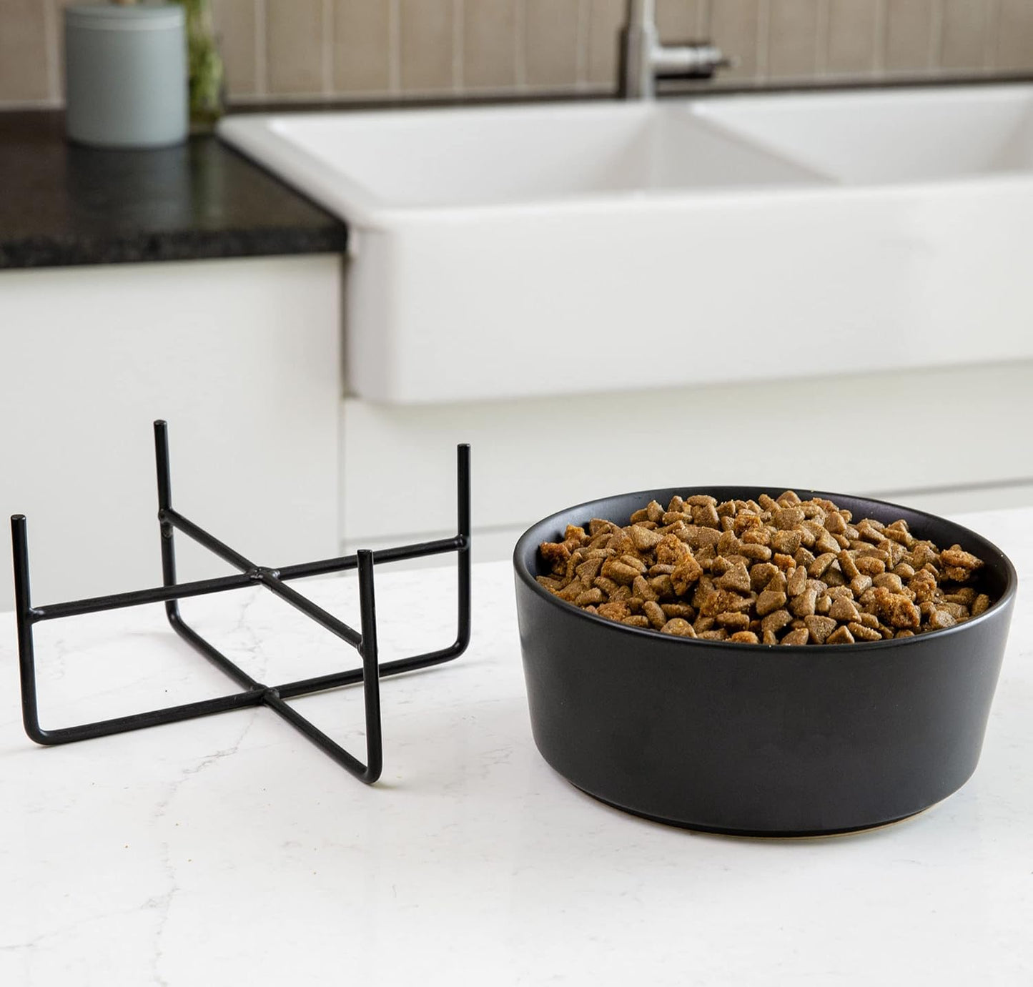 Waggo Simple Solid Dog Bowl with Iron Stand – Elevated Ceramic Feeder or Water Bowl for Small or Large Dogs (Large, Matte White)