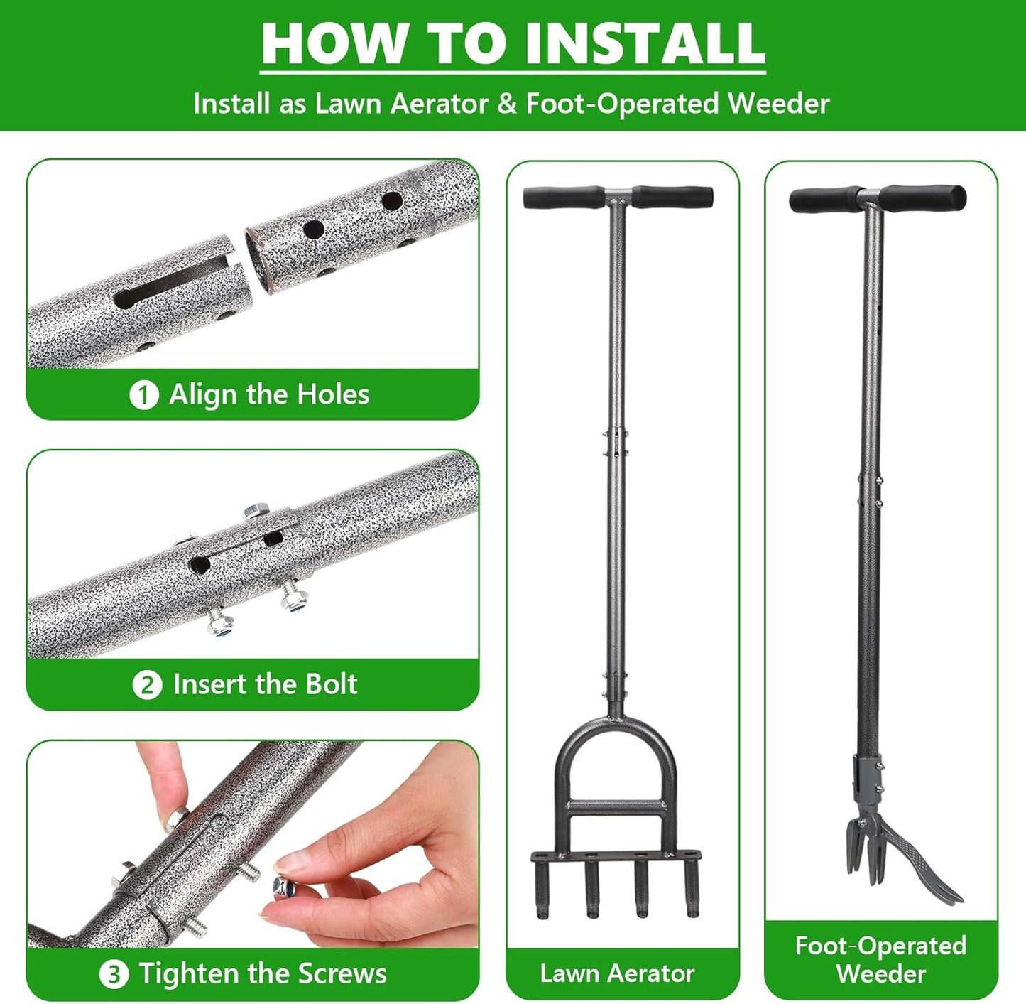 2-in-1 Lawn Aerator Tool, Foot-Operated Weed Puller & Core Aerator 4 Hollow Tines with Adjustable Height, Heavy-Duty Anti-Rust Carbon Steel for Compacted Soil Aeration, Garden Lawn Care
