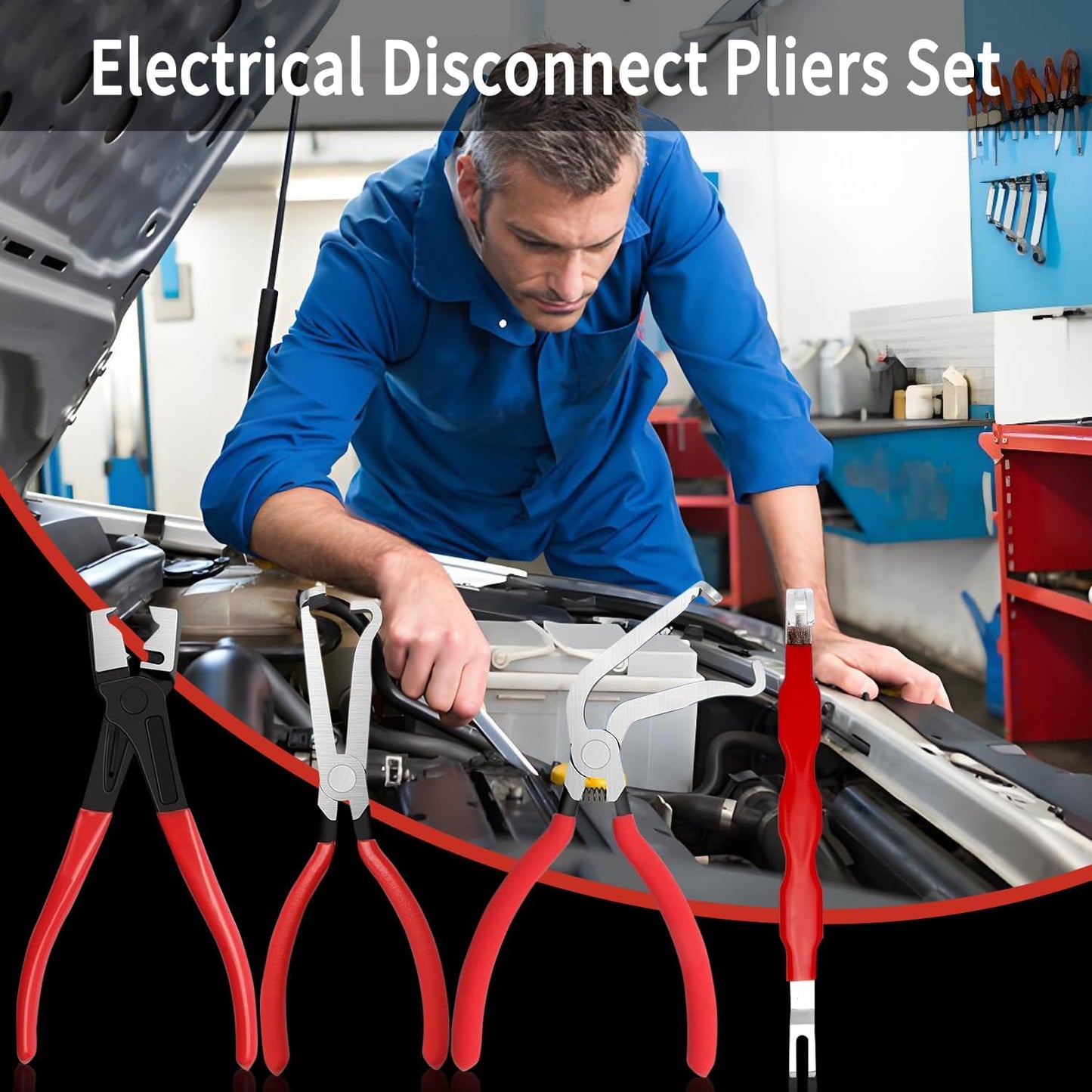 4 Piece Automotive Electrical Disconnect Pliers Kit, High-Carbon Steel Connector Separator Tool with Straight & 60° Tips, Hose Clamp Plier & 18pcs Pin for Cars SUVs Fuel Line Repair (Storage Box)