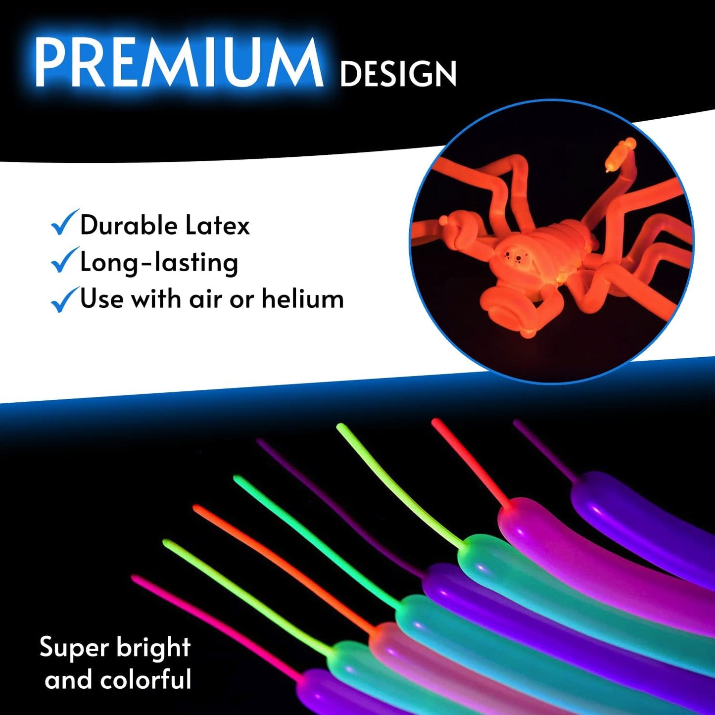 Glow King Neon Tying Balloons - Fluorescent Neon Glow Party Balloons for Tying Balloon Animals - Blacklight Reactive Party Supplies - Neon Party Decorations for Black Light Parties - (75)