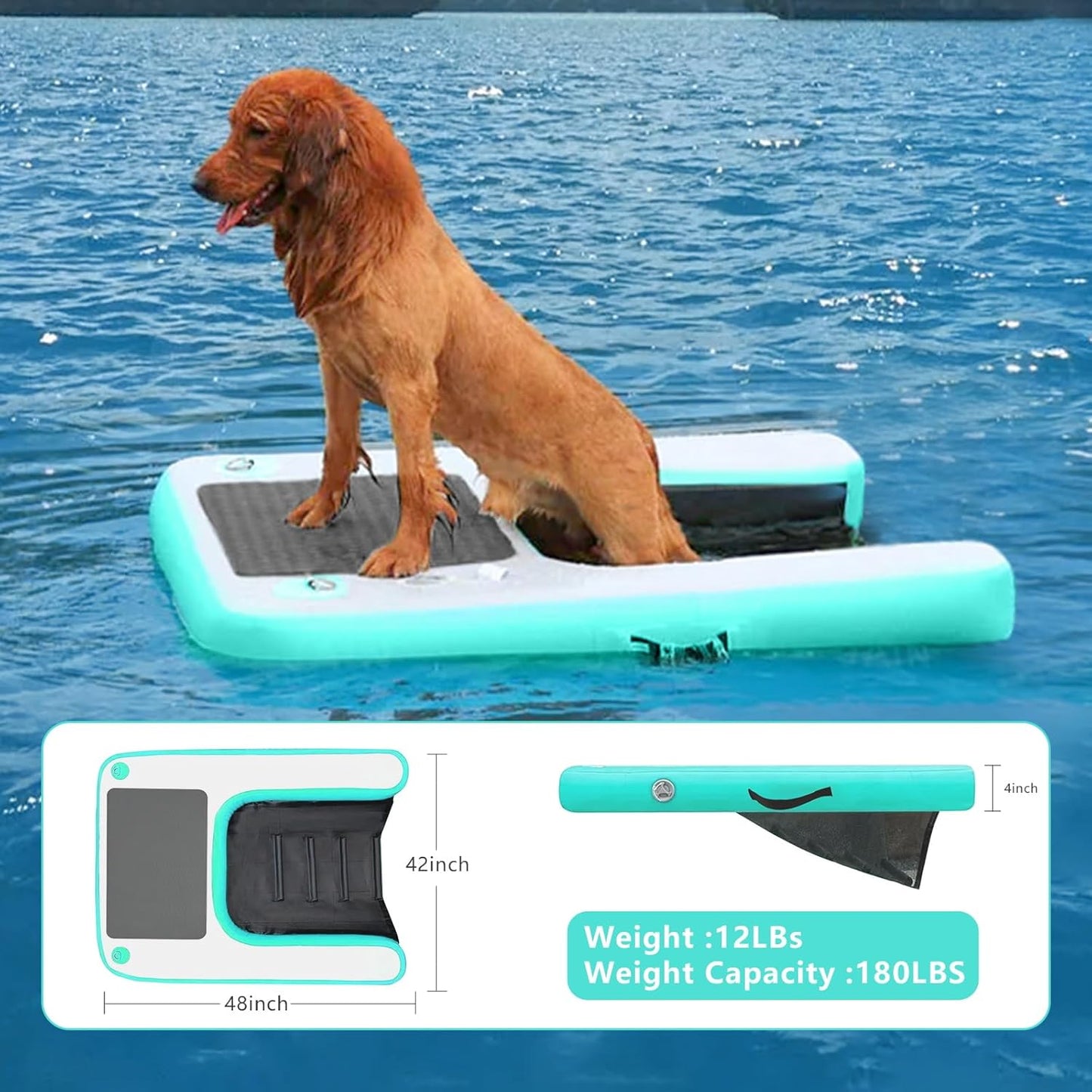 Inflatable Dock Platform for Dog, Large Dog Float Floating Ladder Up to 200 lbs Dogs Water Ramp, Non-Slip PVC with Boat Ramp for Pool, Dock, & Lake