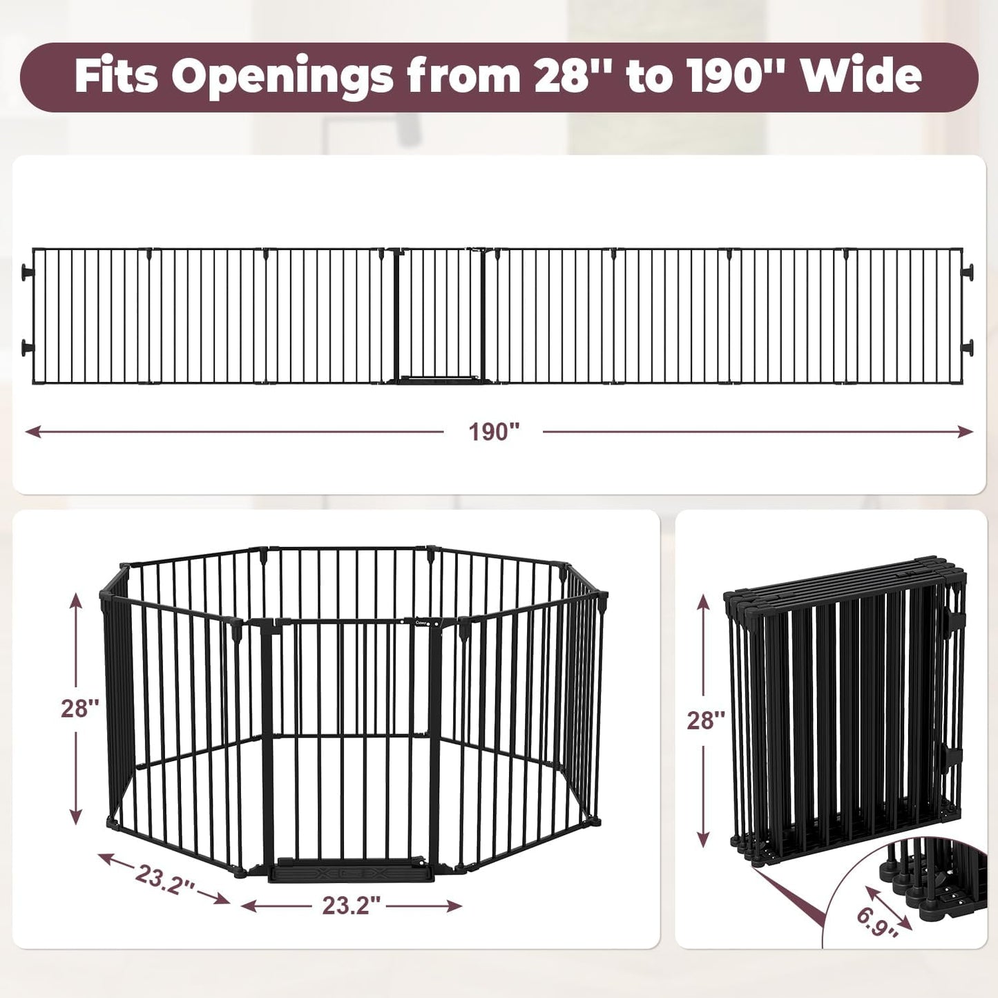 190" Extra Wide Baby Gate Playpen, Adjustable Baby Fence Play Yard, Long Dog Gates Indoor for Stair Doorway Fireplace, Large Child Gate for Toddler Kid Pet, Family Essentials Safty Gate, Black