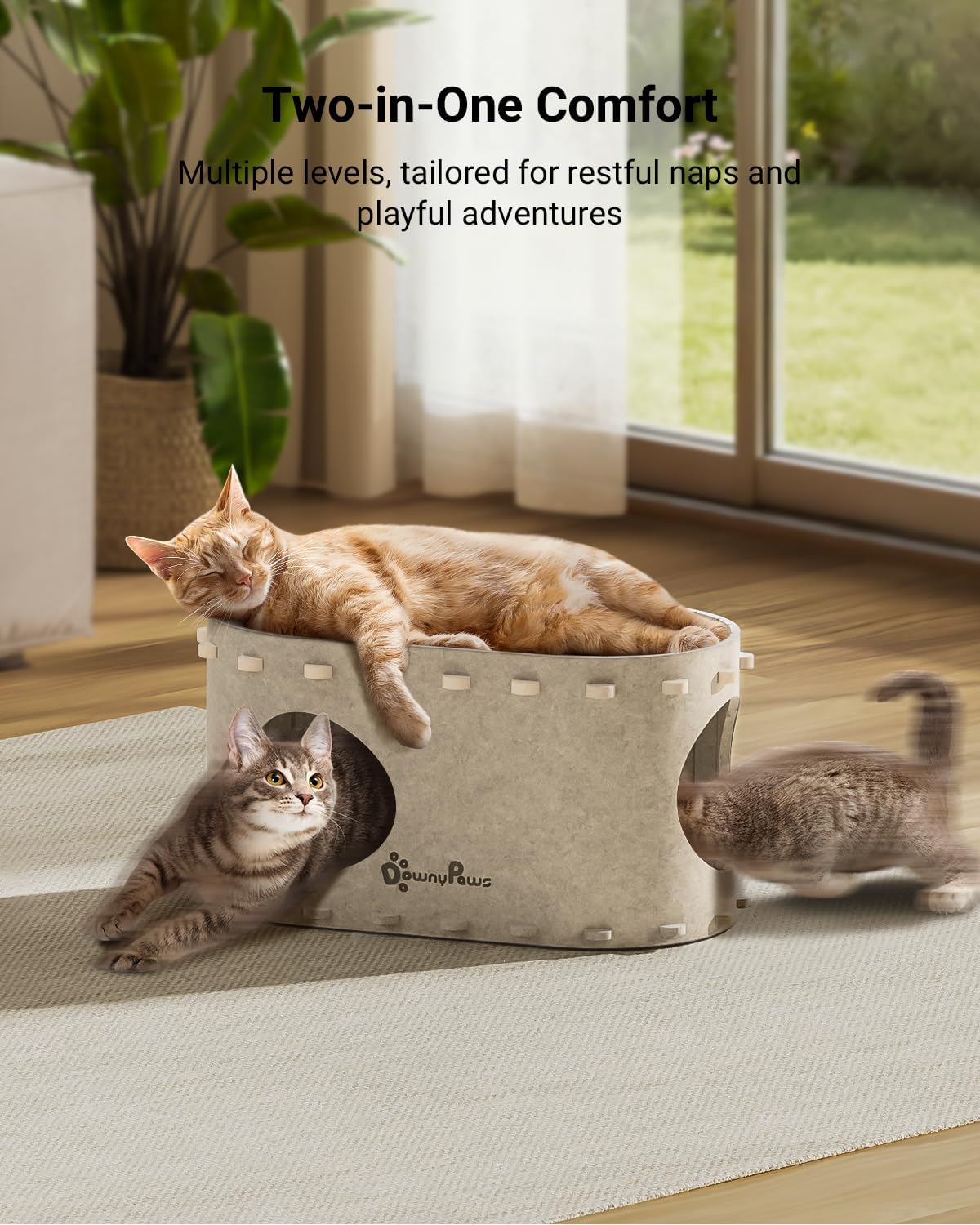 DownyPaws Cat House for Indoor Cats, Cat Bed Cave for Multiple & Large Cats Up to 22 Lbs, Scratch Resistant, Foldable Peekaboo Kitten Caves Tunnel Enclosed Bed, PeekaPurr, Cream