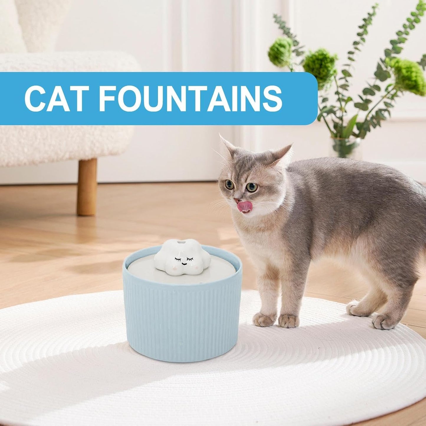 Pet Fountain - Ceramic Flowing Water Bowl, 1.2L Electric Animal Hydration Station with Silent Pump Circulation and Replaceable Filter Cartridge, Modern Countertop Style, Ideal for Puppies Kittens Hous