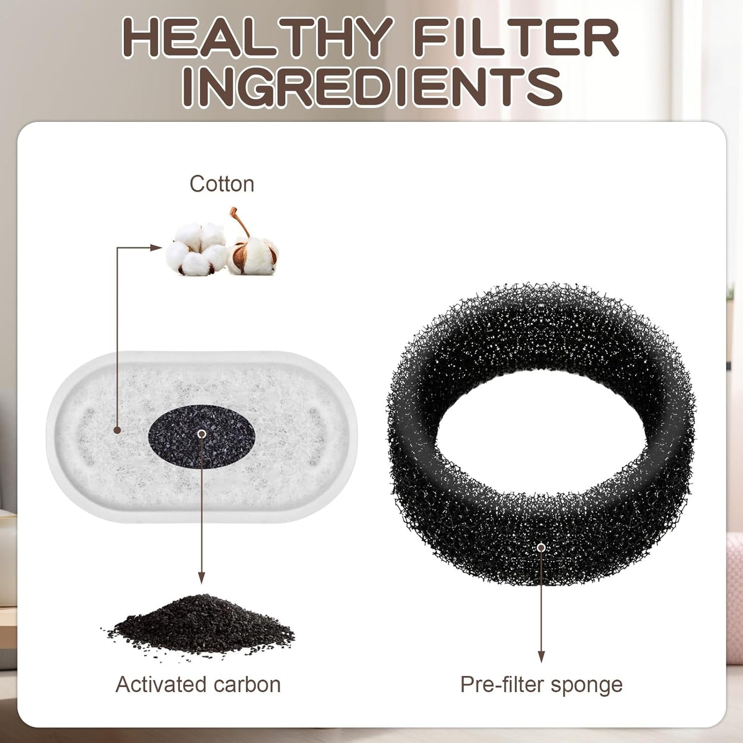 Cat Water Fountain Filter Replacement Kit - 16 Cat Fountain Filters, 16 Sponges, Compatible with Stainless Steel Pet Fountains