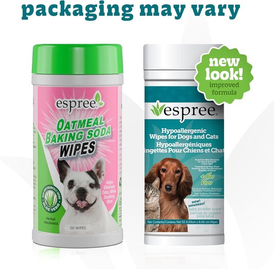 Espree Pet Hypoallergenic Aloe Wipes, Cleaning and Odor-Controlling Grooming Wipes for Paws, Cat Grooming, Dog Care, Perfect for Puppy and Adult Dogs, Fresh Baby Powder Scent, 50 Count