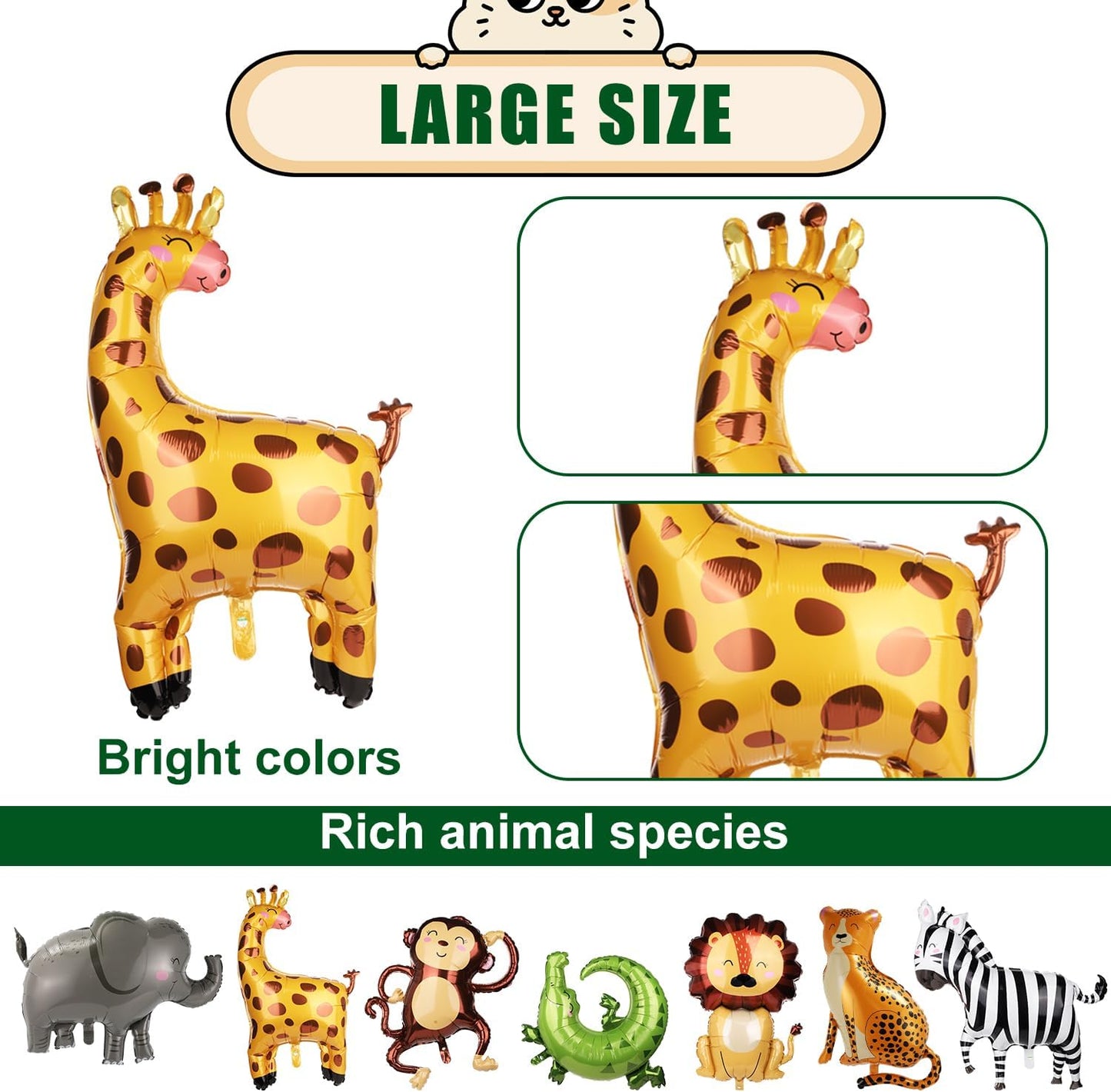 10pcs Jungle Safari Animal Balloons, Cute Jungle Theme Zoo Party Supplies Monkey Elephant Zebra Leopard Crocodile Giraffe Shaped for Birthday Party Decor (Number 3)