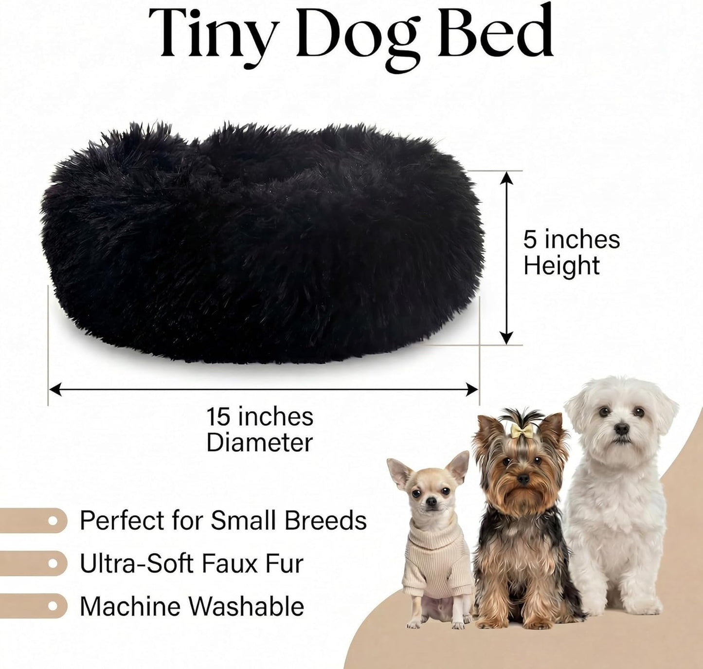 블랙 강아지 침대 엑스트라 스몰 세탁 가능, 차분한 강아지 침대 프린세스 소형견용 38.1cm(15인치) 도넛 부드러운 소형 반려동물 침대, 불안감 방지 라운드, 최대 2.3kg(5파운드)의 따뜻하고 편안한 반려동물 침대 강아지 실내 강아지