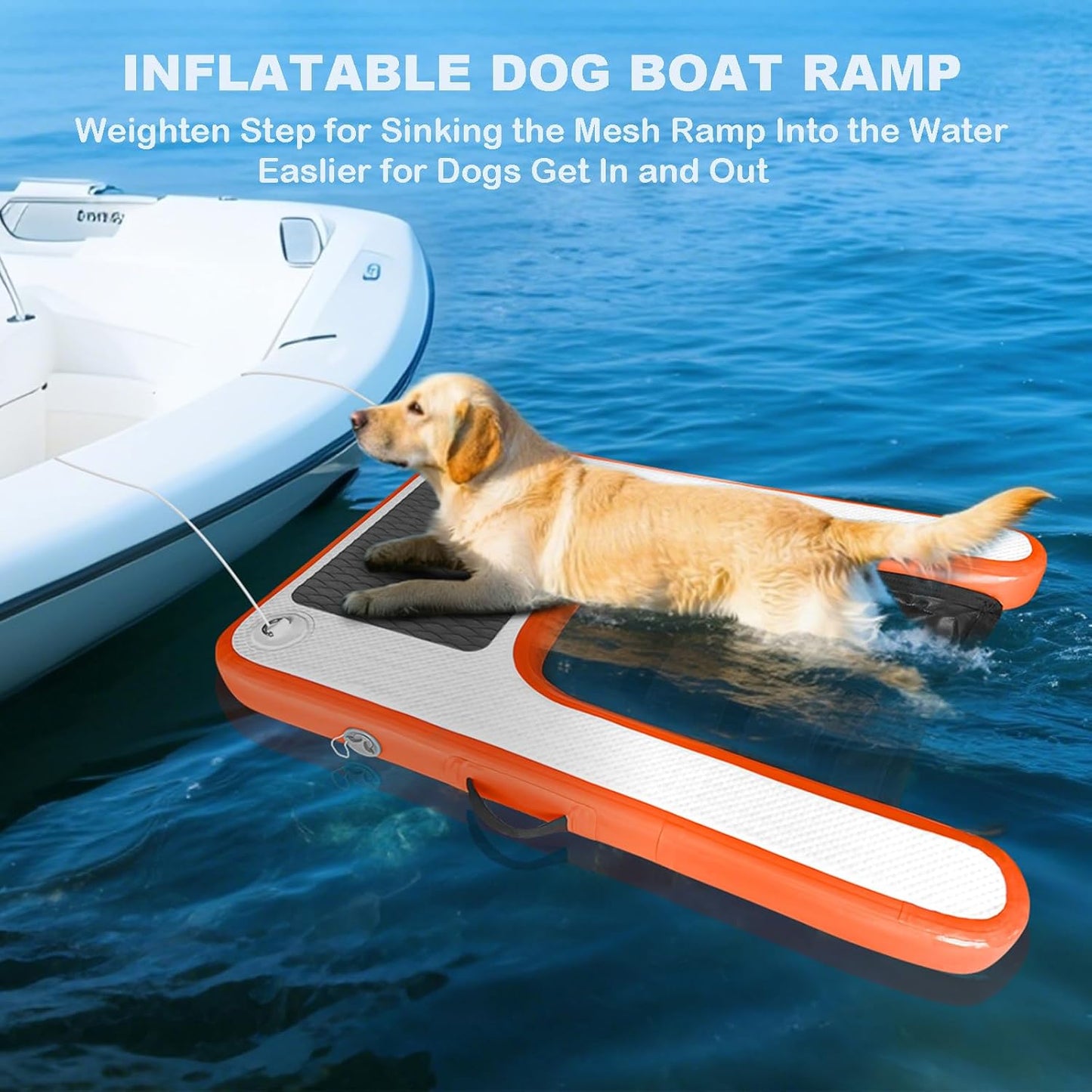 Non-Slip Floating Dog Water Ramp Ladder, Inflatable Puppy Dock Platform for Pool Lake Boat, Holds Up to 180LBS