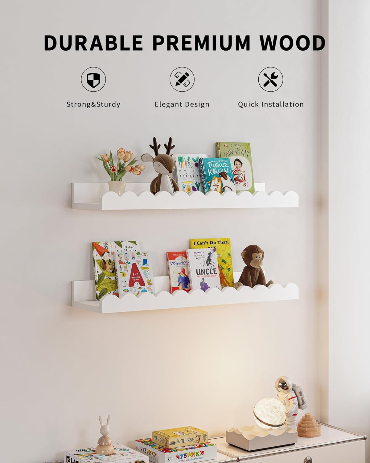 Shario Nursery Book Shelves, 4-Pack White Floating Shelves for Wall Kids, Scalloped Shelves, Wall Book Shelves for Bedroom Kids, Toddler Room, Baby Room, Nursery Decor