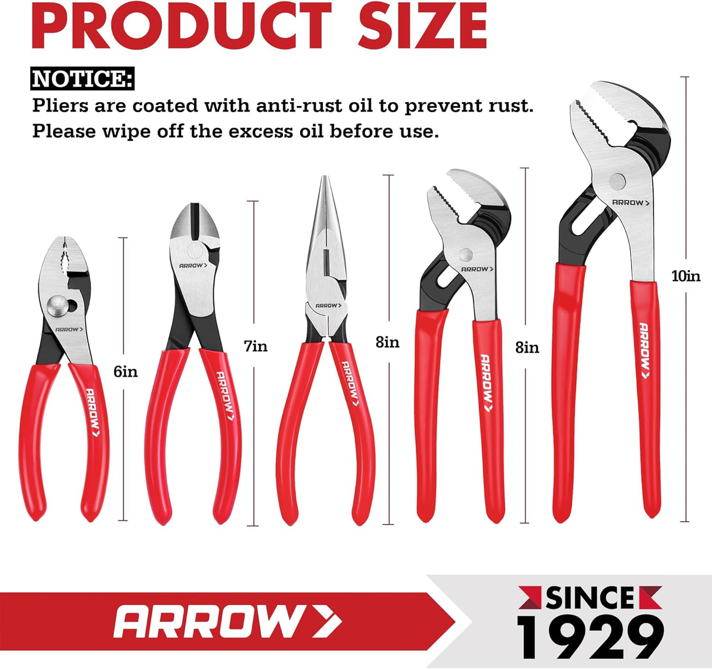 ARROW 5PCS Pliers Set, 6" Slip Joint, 7" Diagonal, 8" Needle Nose Pliers, 8"&10" Groove Joint with Non-slip Handle, Portable Rolling Bag With Handle, Premium Carbon Steel