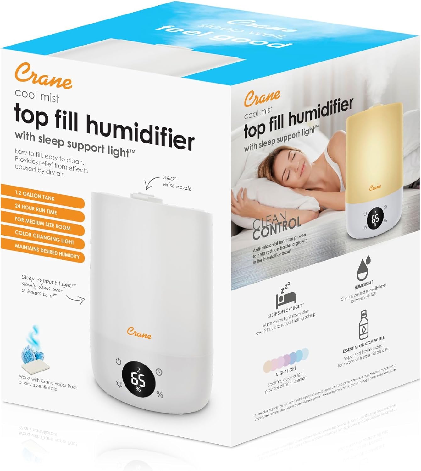 Crane Ultra-Quiet 3-in-1 Humidifier, Essential Oil Aroma Diffuser & Soothing Sleep Light - Compact 1.2 Gallon Capacity with Adjustable Night Light & Fragrance Tray - Ideal for Bedroom and Office