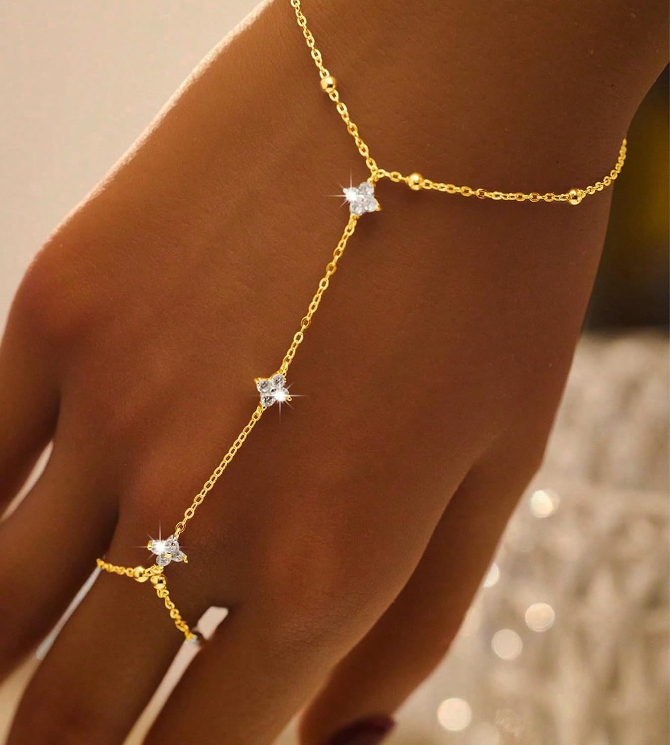YEEZII Gold Hand Chain Bracelets for Women, 2 Pcs 14k Gold Plated Cubic Zirconia Link Chain Bracelet Set, Trendy ring bracelet hand chain Jewelry for Her