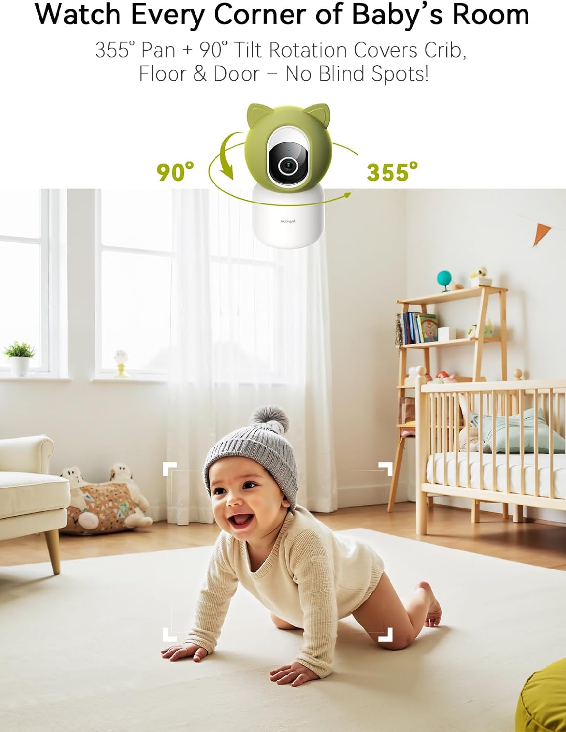 Outinput Baby Monitor with Camera and Audio, 2K 4MP Indoor Security Camera for Home, 360° PTZ, AI Crying & Feeding Alerts, Night Vision with Gentle Light, Soothing Lullabies, 2-Way Audio
