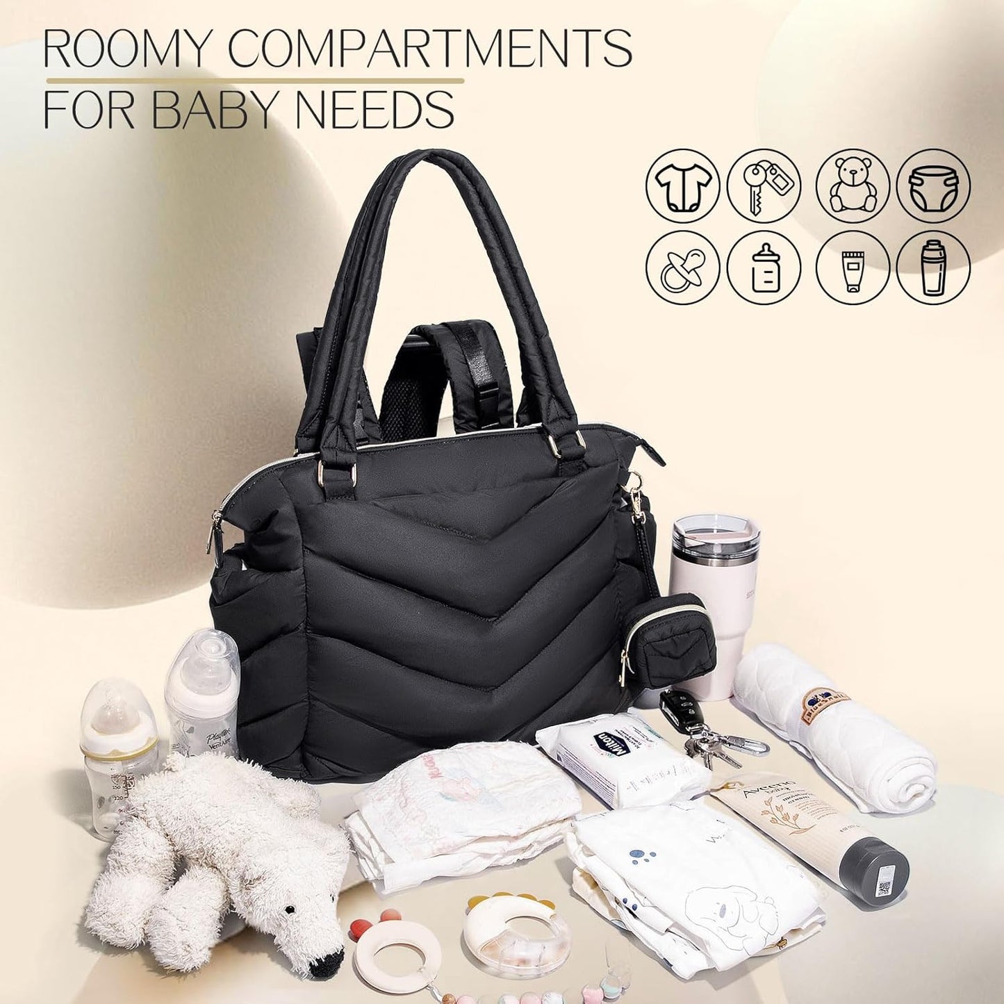 Diaper Bag Tote, Diaper Bag Backpack,Puffer Tote Bag with Pacifier Case, Lightweight Mommy for Hospital, Puffy with 10 Pockets, Convertible Baby for Travel, Black