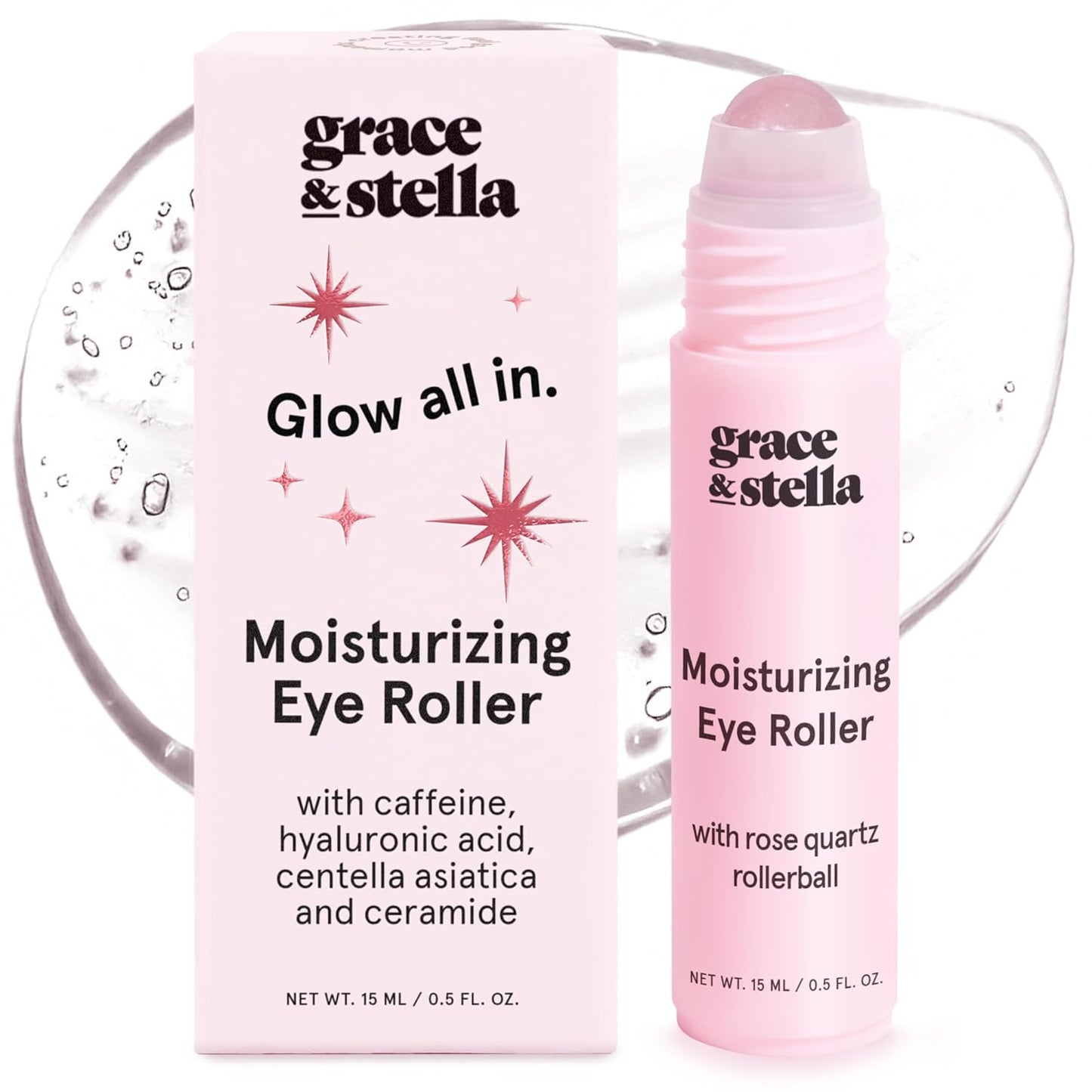 grace & stella Under Eye Brightener with Rose Quartz Rollerball - Centella Asiatica & Caffeine Under Eye Serum for Dark Circles & Puffiness - Travel Essentials, Gifts for Women, Vegan (15ml/0.51floz)