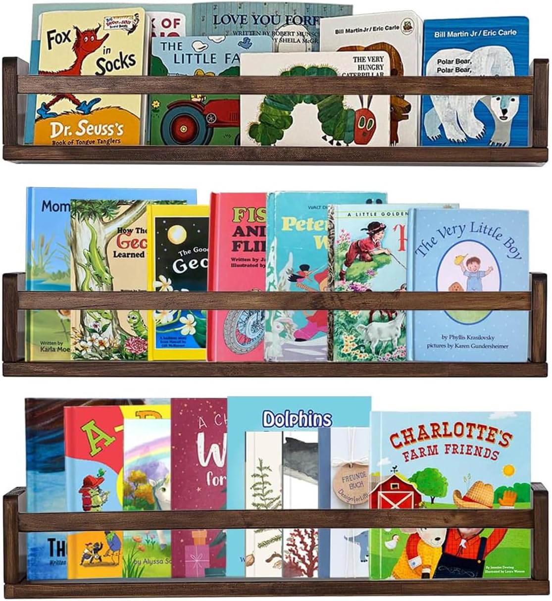AZSKY Nursery Book Shelves 24 Inch Deep Walnut Floating Bookshelf for Kids Room Wall Mounted Floating Shelves Solid Nursery Bookshelf Perfect Decor for Kitchen Bedroom Living Room Set of 3