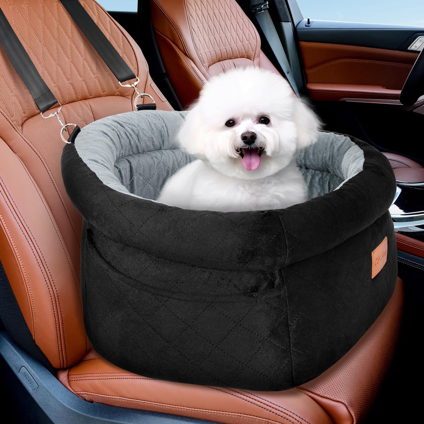 Cozy Dog Car Seat for Small Dogs Up to 30lbs, Elevated Memory Foam Booster Seat, Pet Travel Bed with Washable Removable Cover & Storage Pockets (Black)