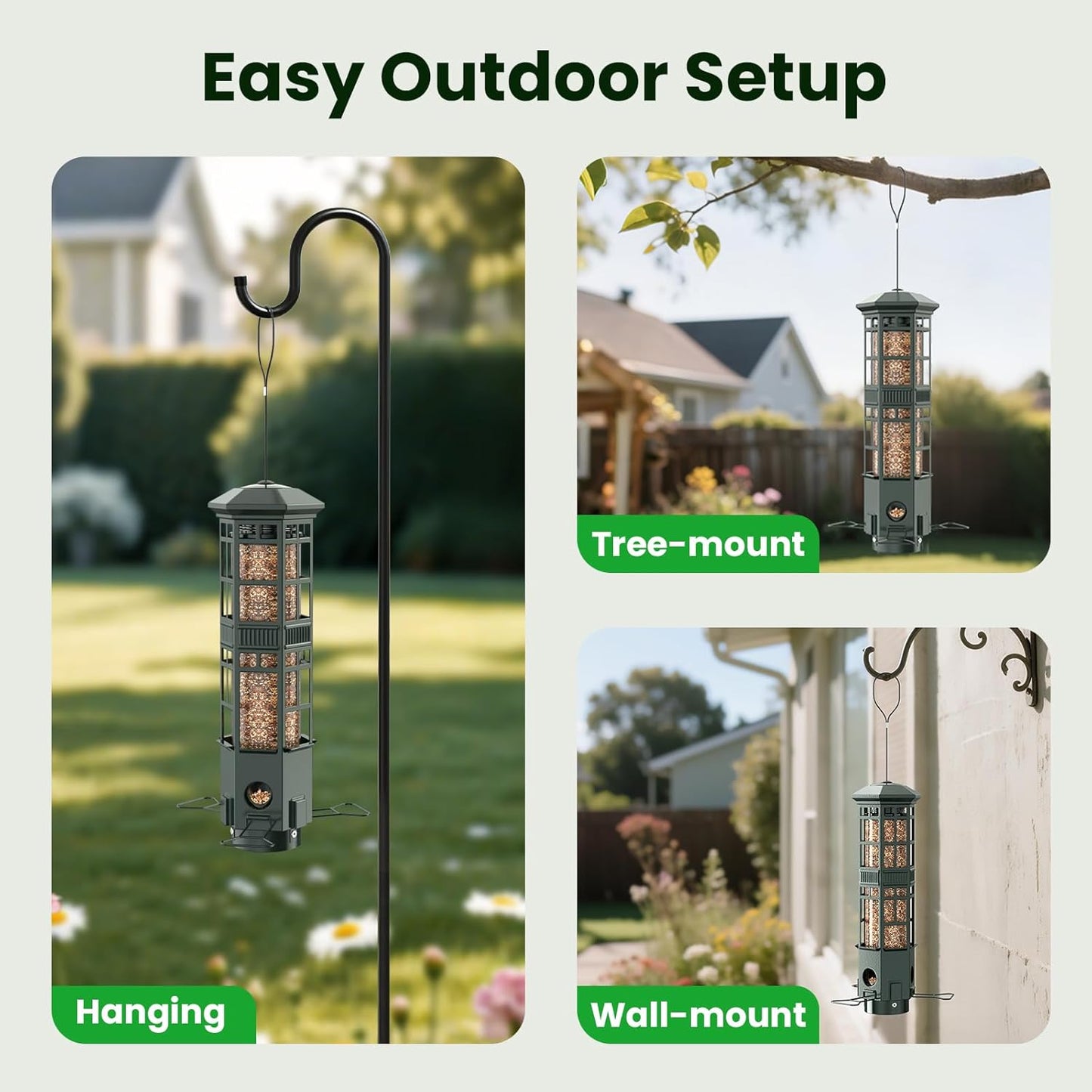 Squirrel Proof Bird Feeder for Outdoors, Gravity Spring Hanging Metal Bird Feeder, 3 Port, Chew-Proof & Weather Resistant, 3LB Large Capacity, Attract Wild Birds, Green