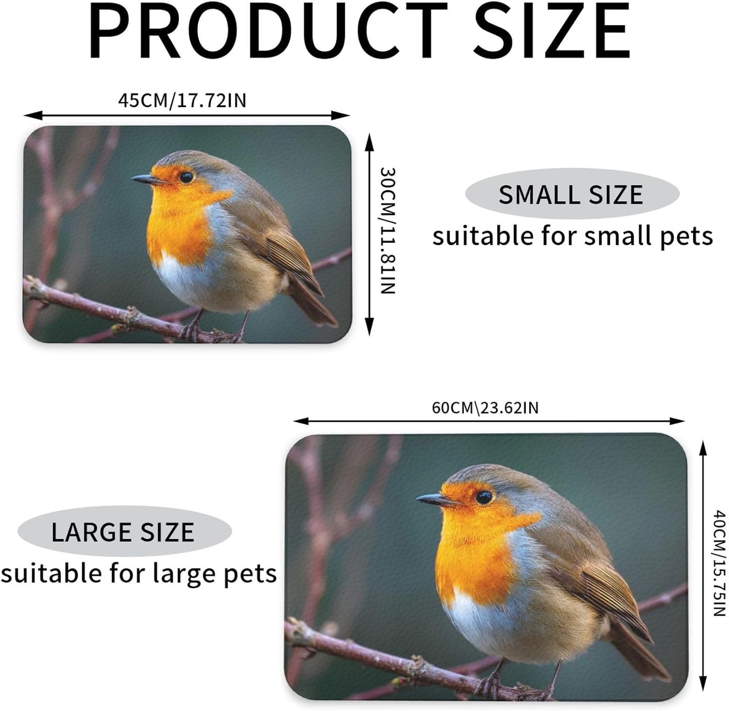 Pet Feeding Mat Leather Dog Food Mat Waterproof Pet Tablecloth Robin on Branch Pet Placemat for Dogs Absorbent Dog Bowl Mat Anti-Slip Dogs Mats for Food and Water