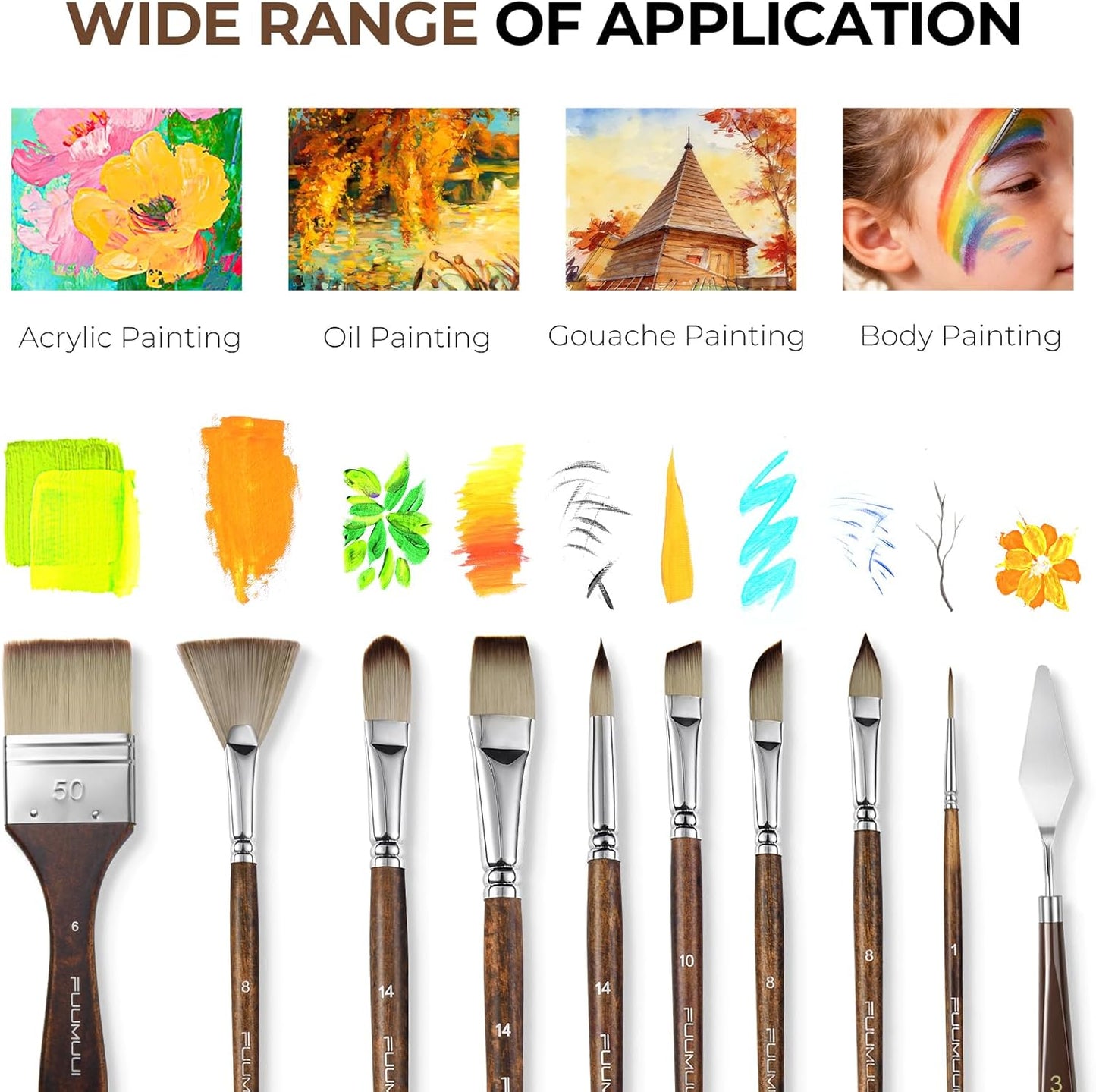 Fuumuui 25pcs Paint Brush Set, Professional 9 Shapes with Wide Flat, Filbert, Fan, Dagger, Cat Tongue, Round, Angle, Rigger for Acrylic Oil Watercolor | Includes Palette Knife & Waterproof Canvas Roll