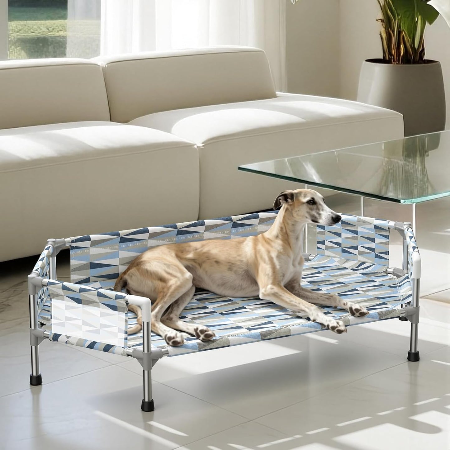 Elevated Dog Bed with Guardrail, Cooling Outdoor Pet Cot with 5-Sided Fence，Raised Dog Cot with 6-Metal Frame