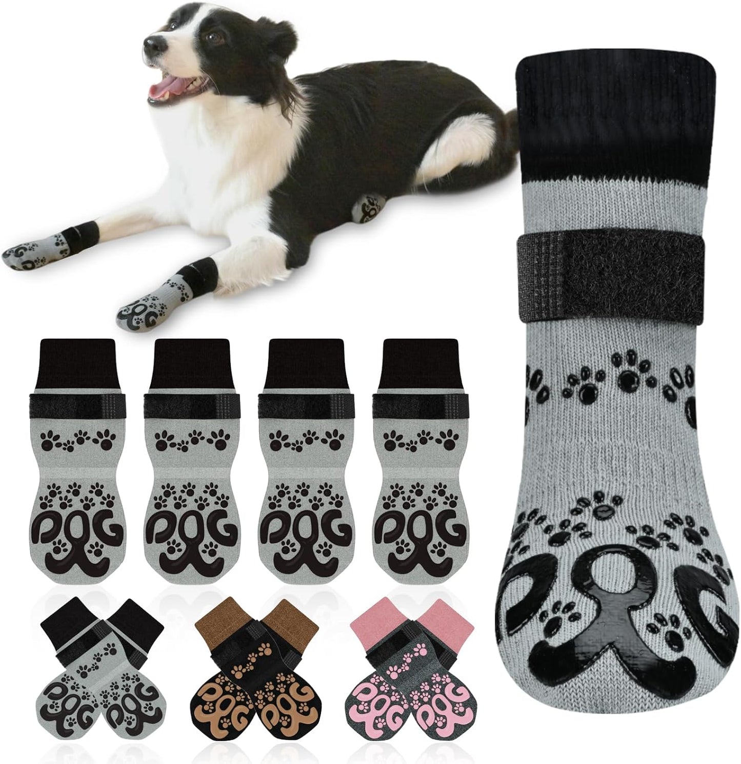 Anti Slip Dog Socks to Prevent Licking Paws - Double Side Paw Covers Dogs Grip Sock for Hardwood Floors, No Twist Dog Booties Grippy Socks for Small Medium Large Senior Dogs, Light Grey and Black, L