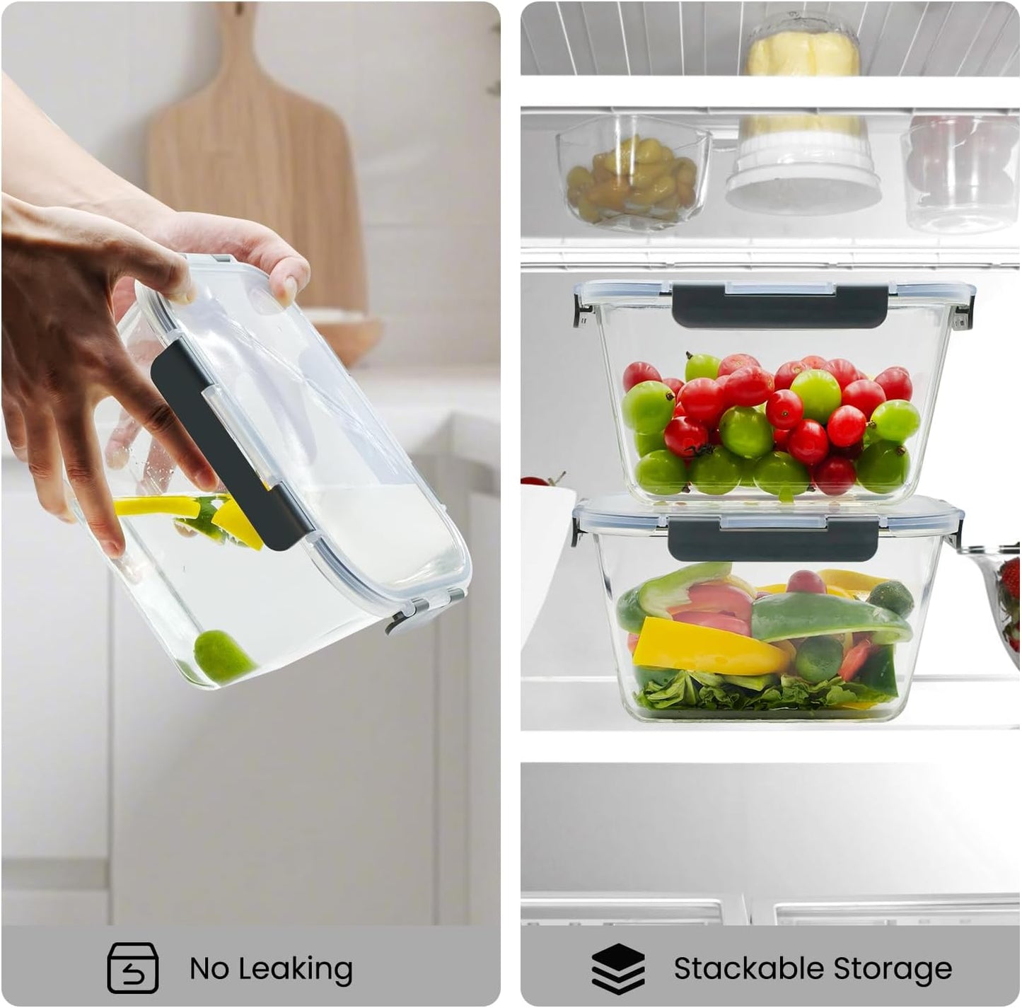 2 Pack Large Glass Food Storage Containers with Lids 85oz/10.5cup Big Airtight Storage Containers for Rotisserie Chicken Meal Prep Leftovers, BPA Free & Leak Proof, Microwave, Oven Safe (gray)