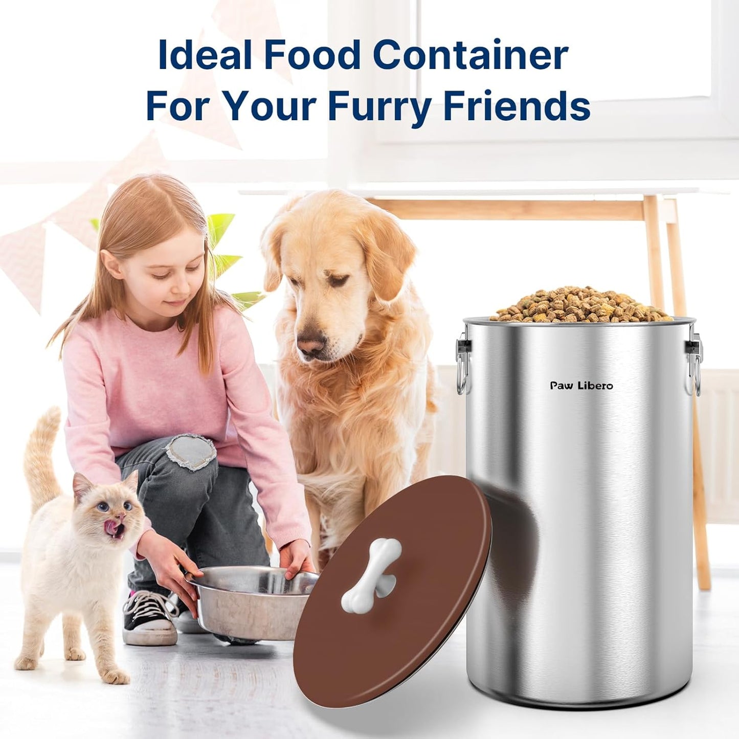 35 Lbs Stainless Steel Dog Food Storage Container with Airtight Lid & Ceramic Bone Handle, Large Metal Dog Food Bin for Dogs & Cats, Keep Fresh, Easy to Clean