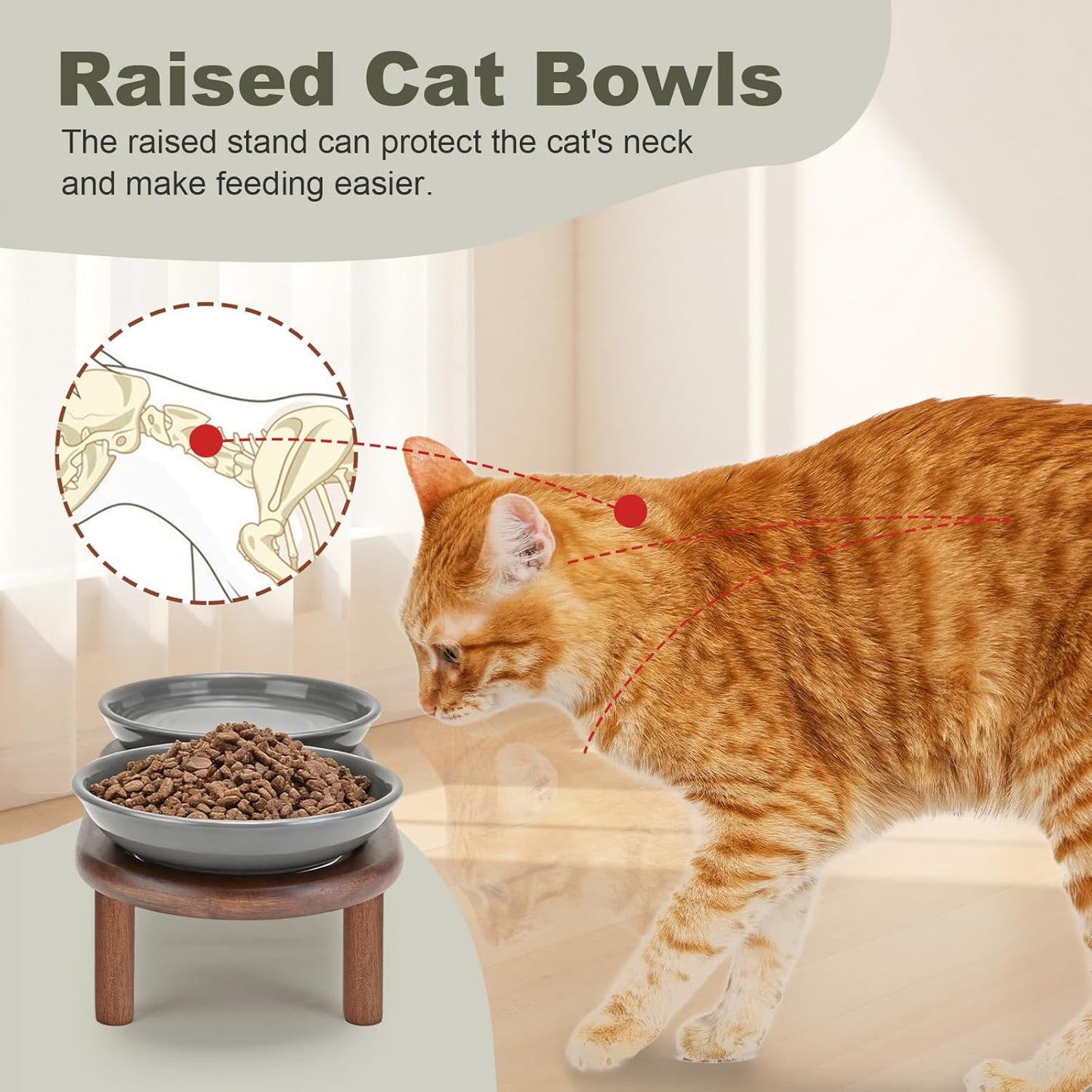 SPUNKYJUNKY Shallow Elevated Cat Bowl with Acacia Wood Stand Wide Raised Ceramic Cat Dishes Whisker Friendly Pet Food and Water Plates (Striped Pattern, Gray)
