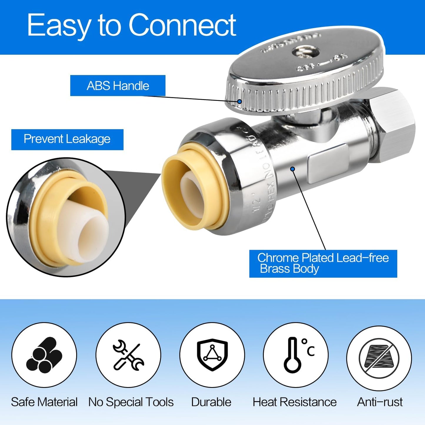 Stop Valves, 1/2" × 3/8" Straight Stop Valve, 1/2" PTC Input, 3/8" OD Compression Output, Push to Connect, 1/4 Turn, Chrome Plated Brass for Faucet, Toilet Valves, No Lead