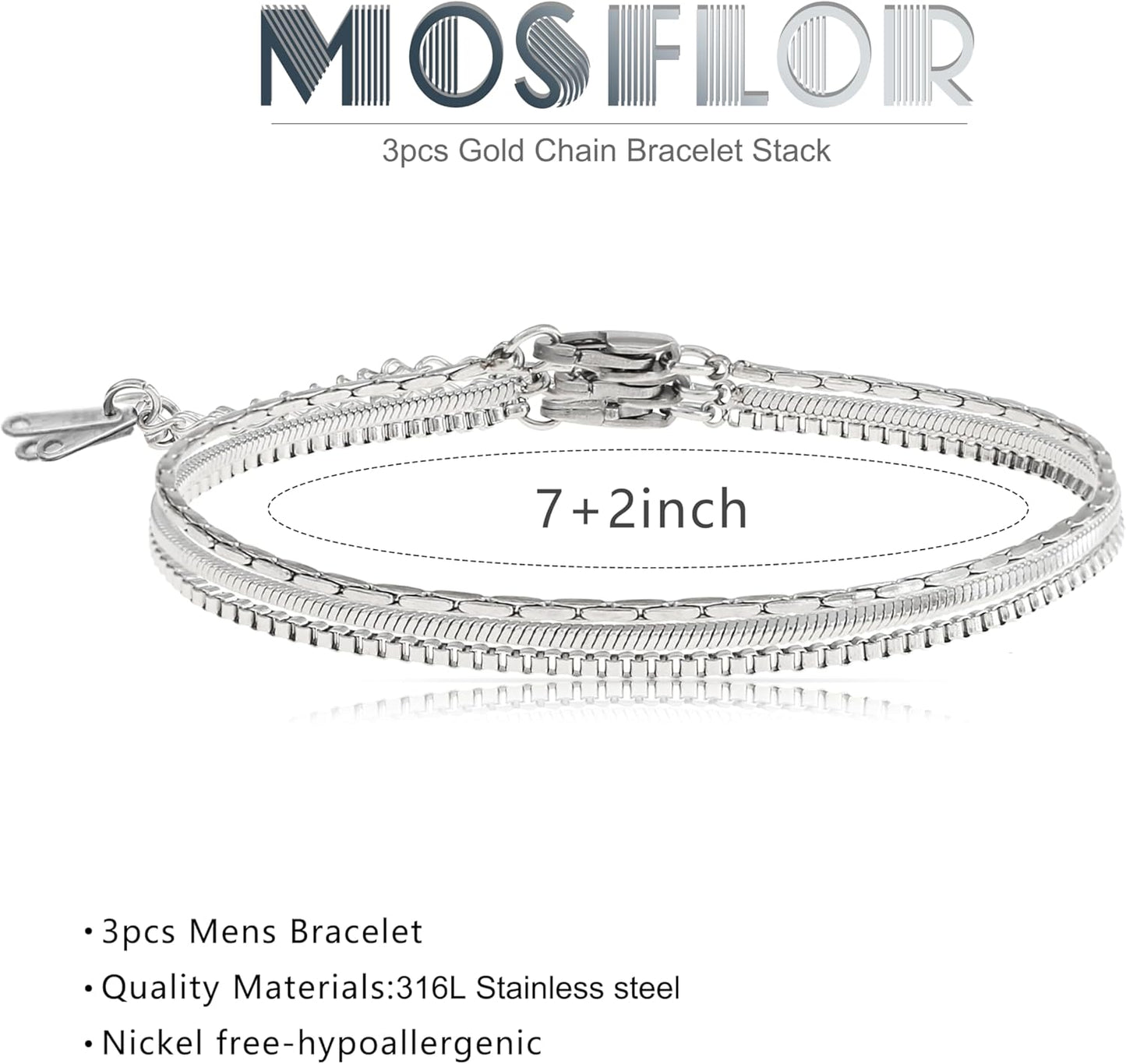 Mens Bracelet - Dainty Gold/Silver Chain Bracelet Stack 14K Gold Plated Silver Bracelets for Men Stainless Steel Adjustable Cross Charm Cuban Link Bracelet Snake Jewelry Set to Men Dad Birthday Day