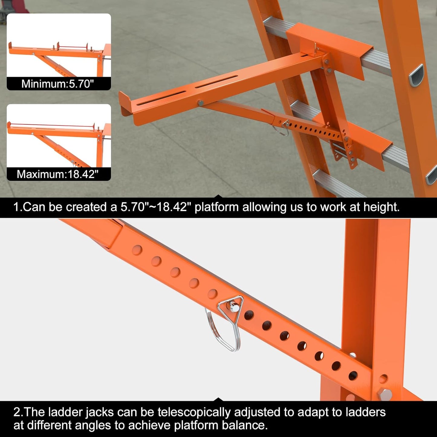 New Upgraded Adjustable Ladder Jacks 2 Pack for Scaffolding Platform, Two-Rung Short Body Extension Ladder Jack Scaffold Bracket, Orange Ladder Platform Accessories Ladder Jack Part for Working Stage