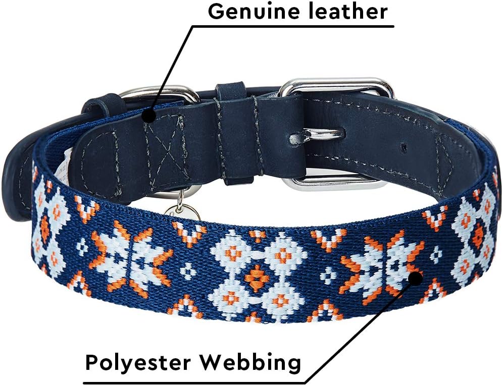 Blueberry Pet 3 Patterns Southwestern Modern Tribal Print Genuine Leather & Polyester Fabric Combo Dog Collar with Metal Buckle - Navy Braided, Small, Neck 12"-15"