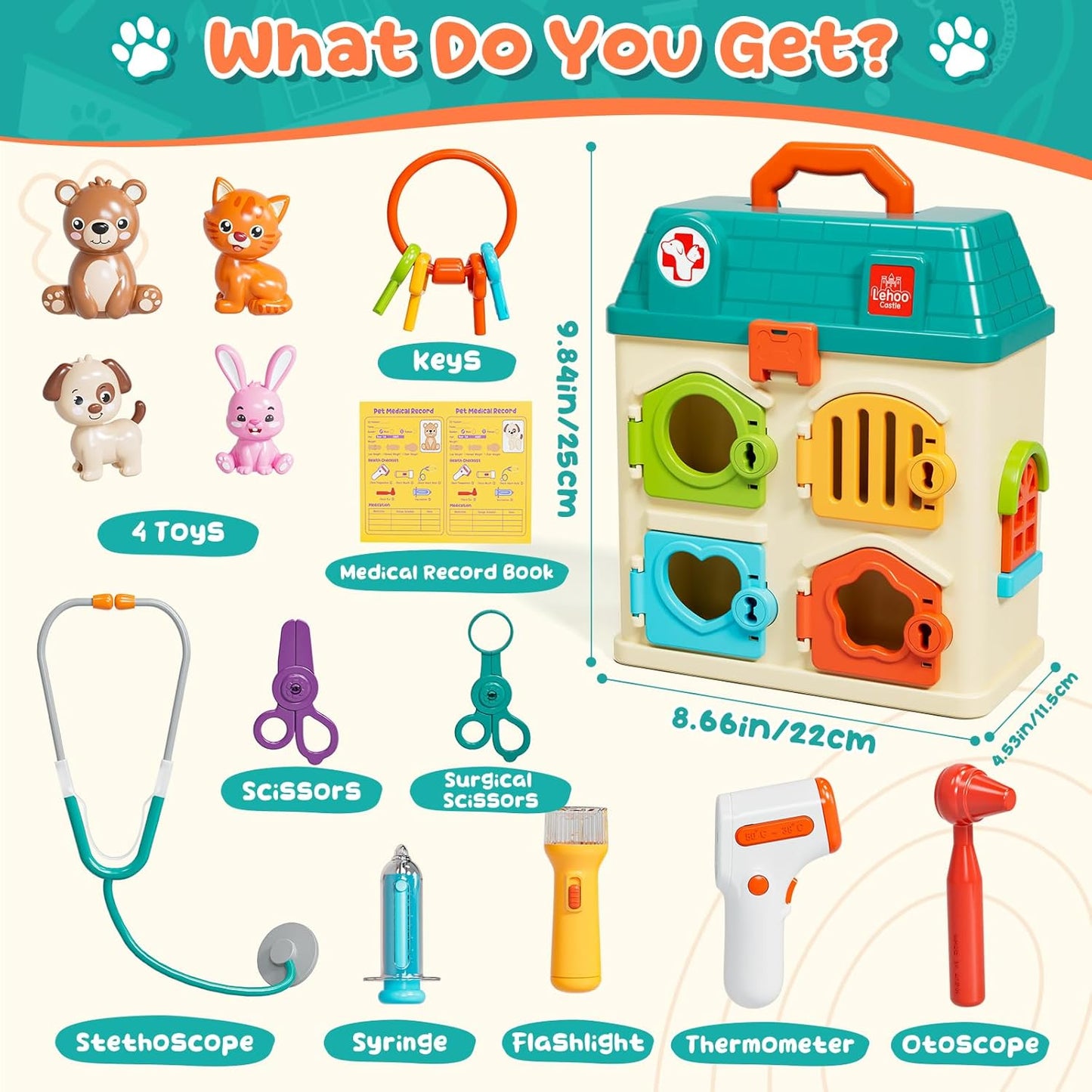 Lehoo Castle Veterinarian Playset for Kids, Pet Vet Toys Doctor Kit for Toddlers 3-5, Critter Clinic Toy with Keys, Pet Care Playset Hospital, Pretend Play Toy for Toddlers 1-3