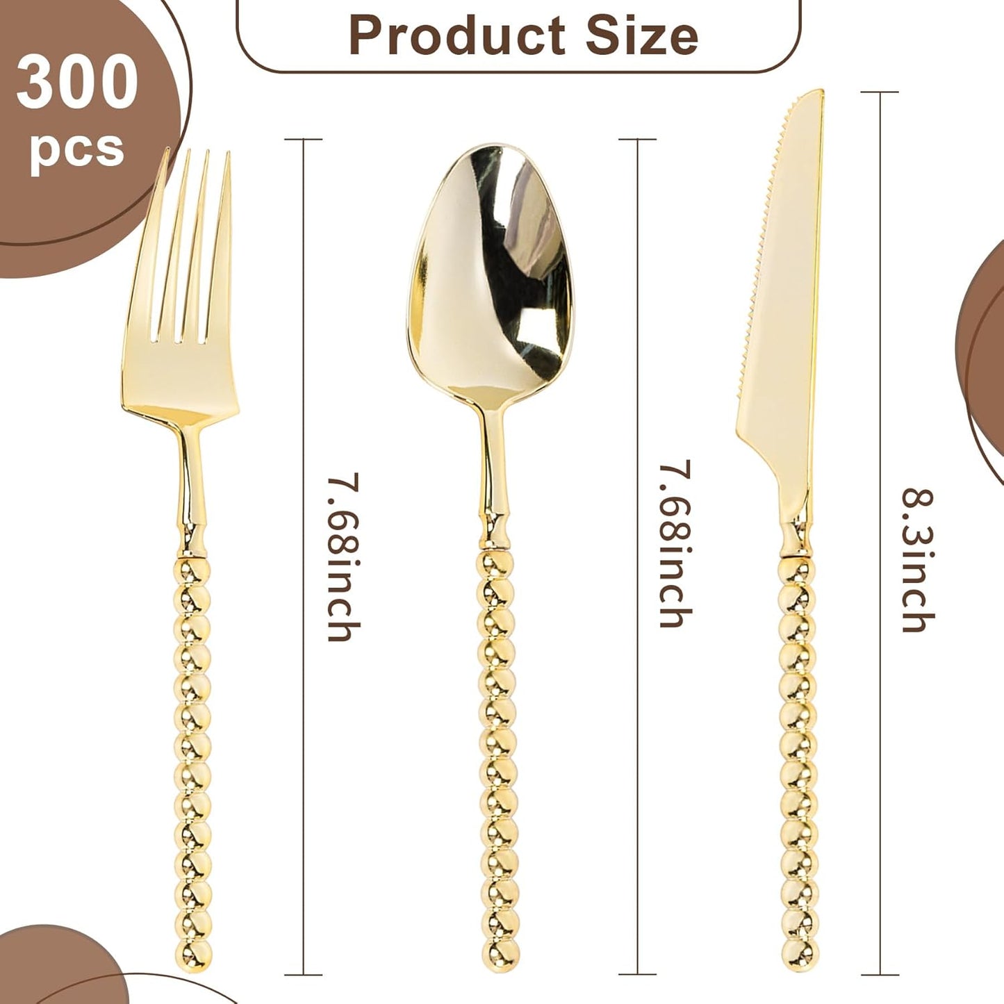 300PCS Gold Plastic Silverware, Heavy Duty utensils, Disposable Plastic Cutlery Silverware Include 100 Forks, 100 Knives, 100 Spoons for Party and Wedding, Gold Bead