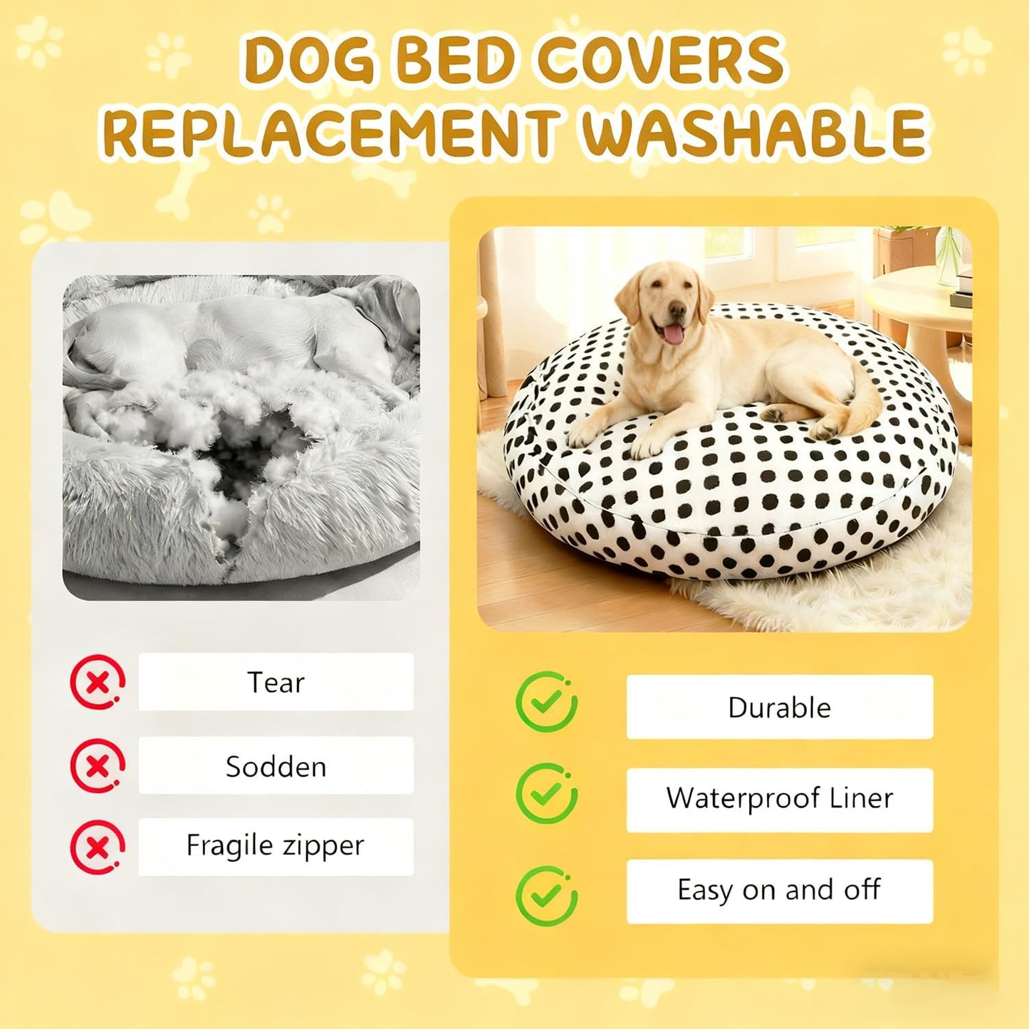 Washable Dog Bed Covers Round Replacement Dog Bed Covers, White 45 Inch Waterproof Sofa Cover with Dot Print Design for Medium & Large Pet Beds, Cover Only