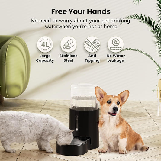 CZPET Automatic 4L/135Oz/1Gal Cat Water Dispenser with Stainless Steel Bowl, Gravity Waterer for Small Medium Dog Puppy Kitten (Black)