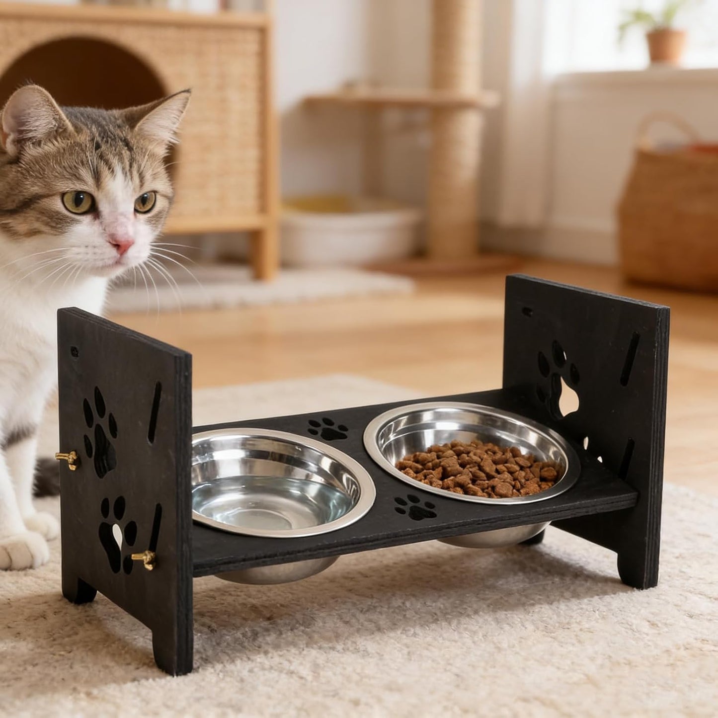 Raised Dog Bowl Stand,Elevated Dog Bowls,Cat Feeding Station Adjustable Pet Dish Food and Water Feeder for Medium Small Dogs and Cats Stainless Dishes Set Puppy Tilted Feeders