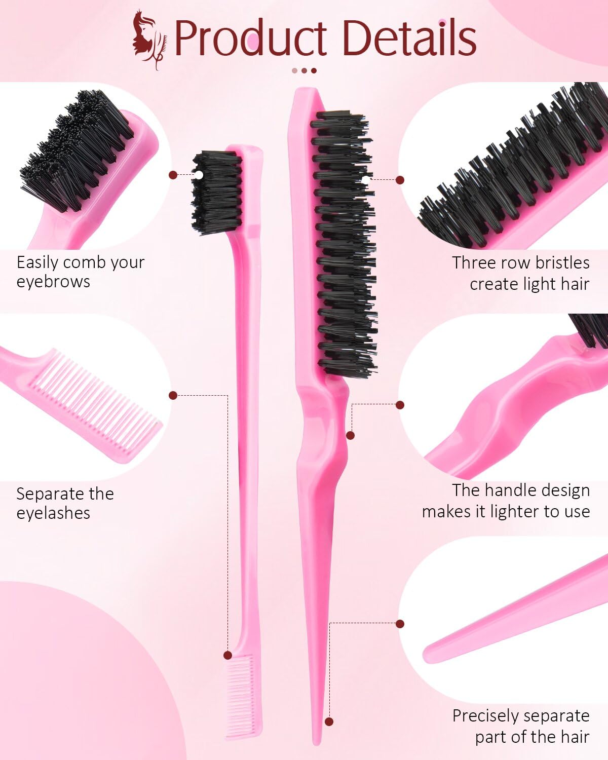 Aigee 8Pcs Hair Styling Combs Set Include 4Pcs Topsy Hair Tail Tools 2 Styles of Rat Tail Comb,1Pcs Bristle Teasing Slick Back hair Brush,1Pcs Edge Control Brush,Eyebrow Brush for Woman Girl Pink