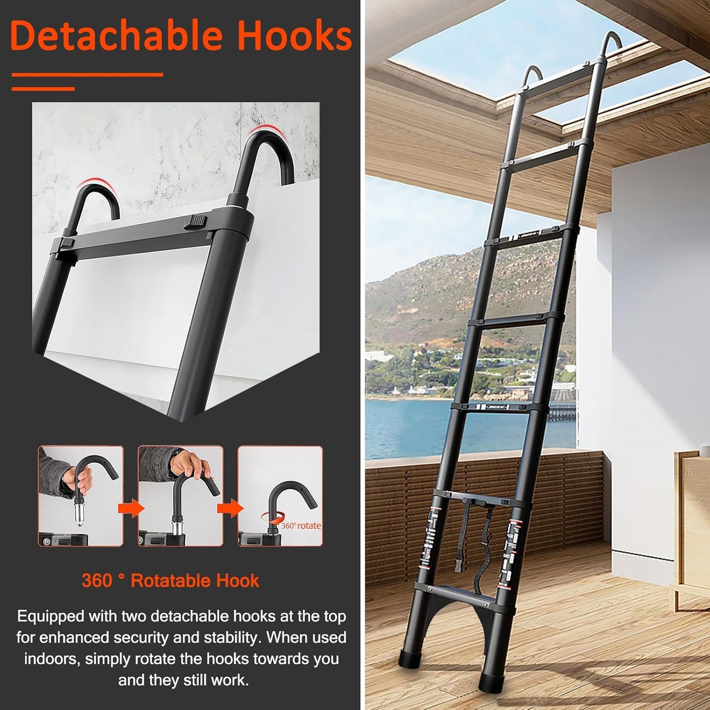 Telescoping Ladder 12.5 FT - Aluminum Telescopic Ladder with Hooks - Folding Extension Ladders for Home Work Loft Roof Attic RV Ladder with EN131 Certification - 330lbs Max Capacity (Black)