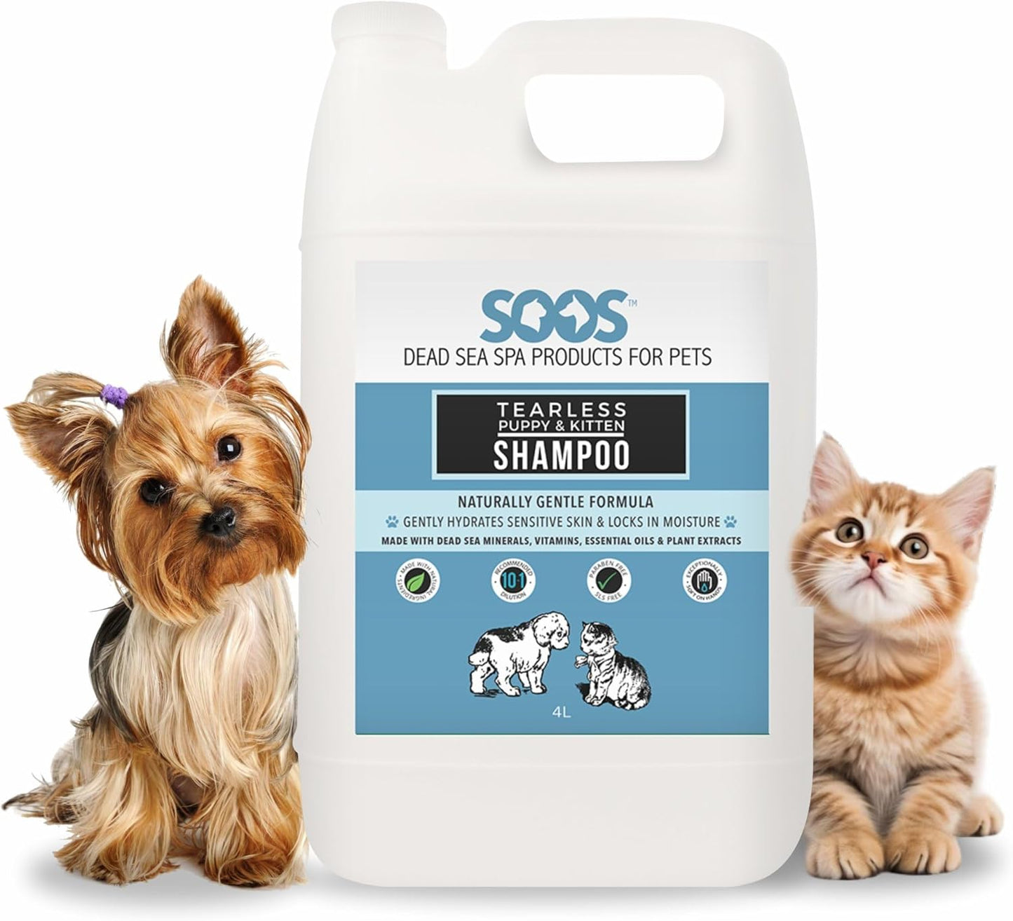 Soos Pets Pet Shampoo Natural Dead Sea Tear-Less Fast Absorbing with Vitamins Minerals Essential Oils Natural Elements for Puppy and Kitten - 1x Pet Shampoo (4L / 1.32 gal)